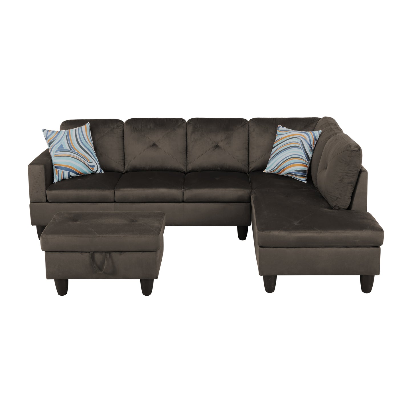 Dark grey velvet sectional sofa with chaise and ottoman
