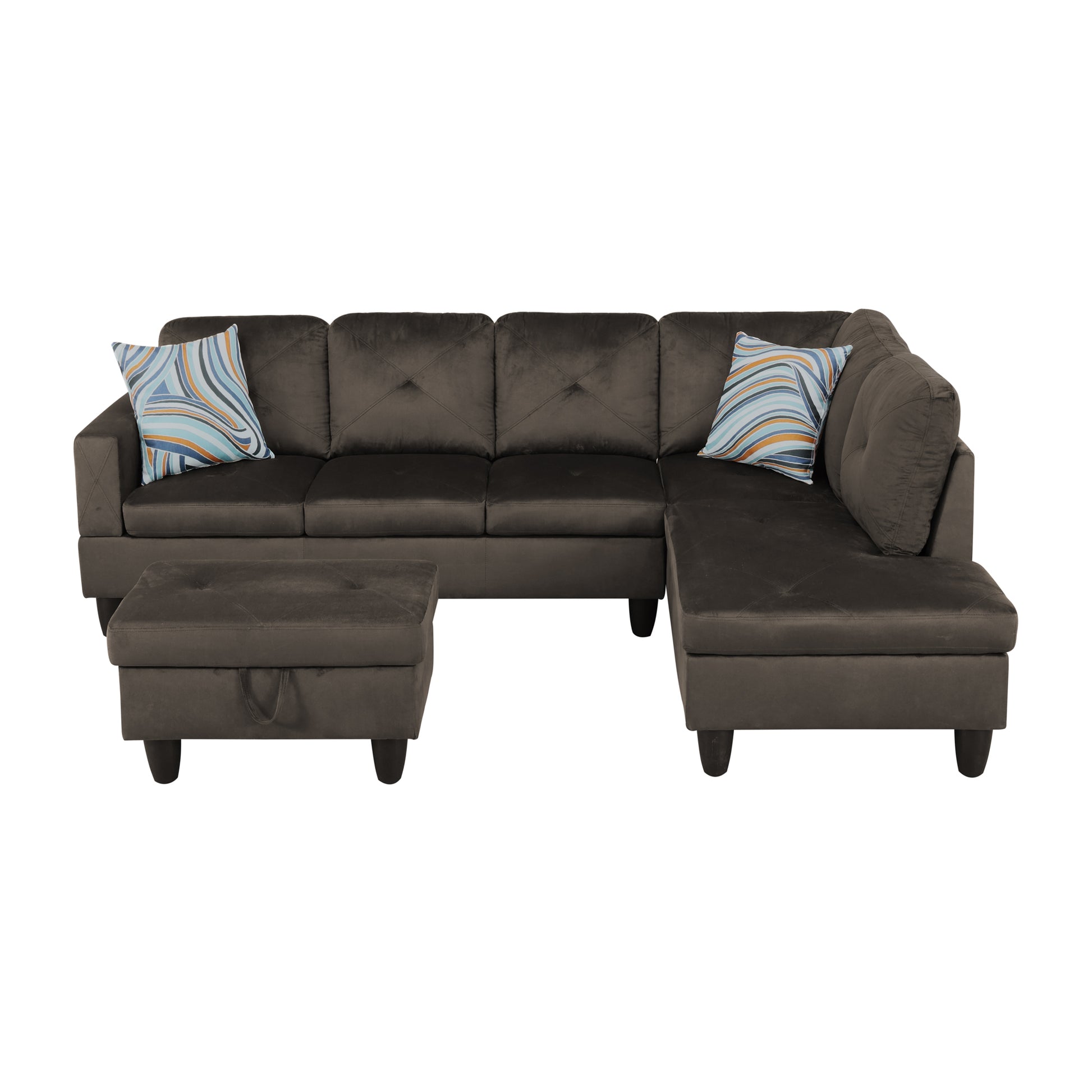 Dark grey velvet sectional sofa with chaise and ottoman