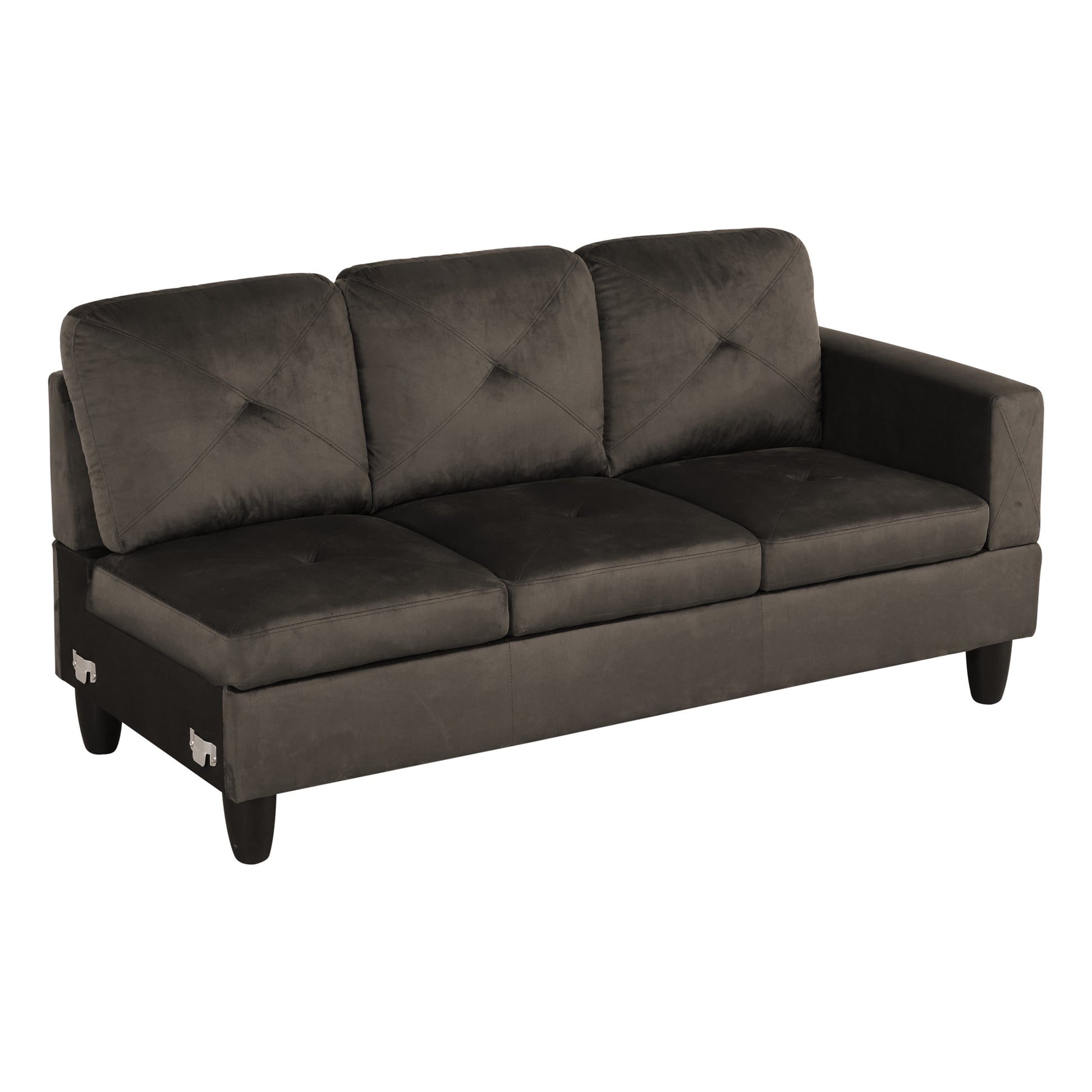 Dark grey velvet sofa with tufted cushions and modern design