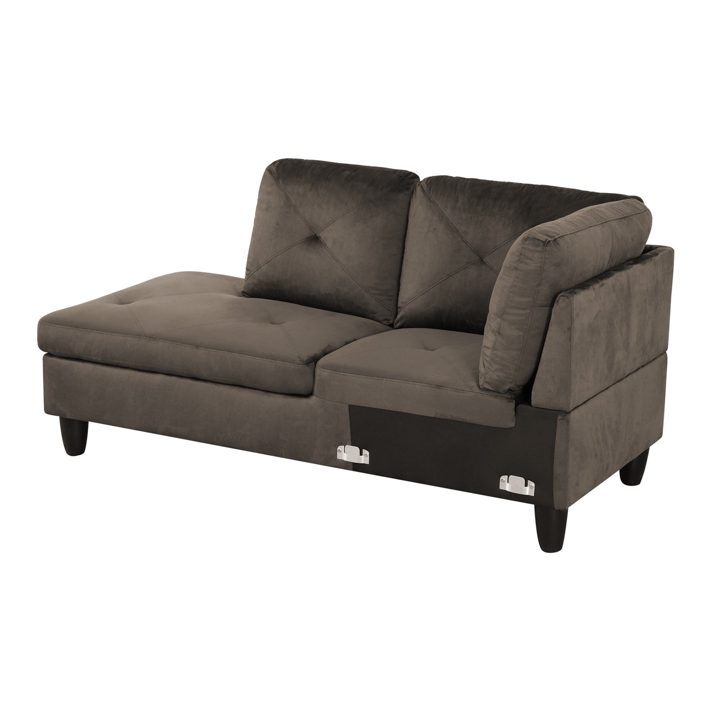Tufted grey velvet chaise sofa with diamond stitching and plush cushions