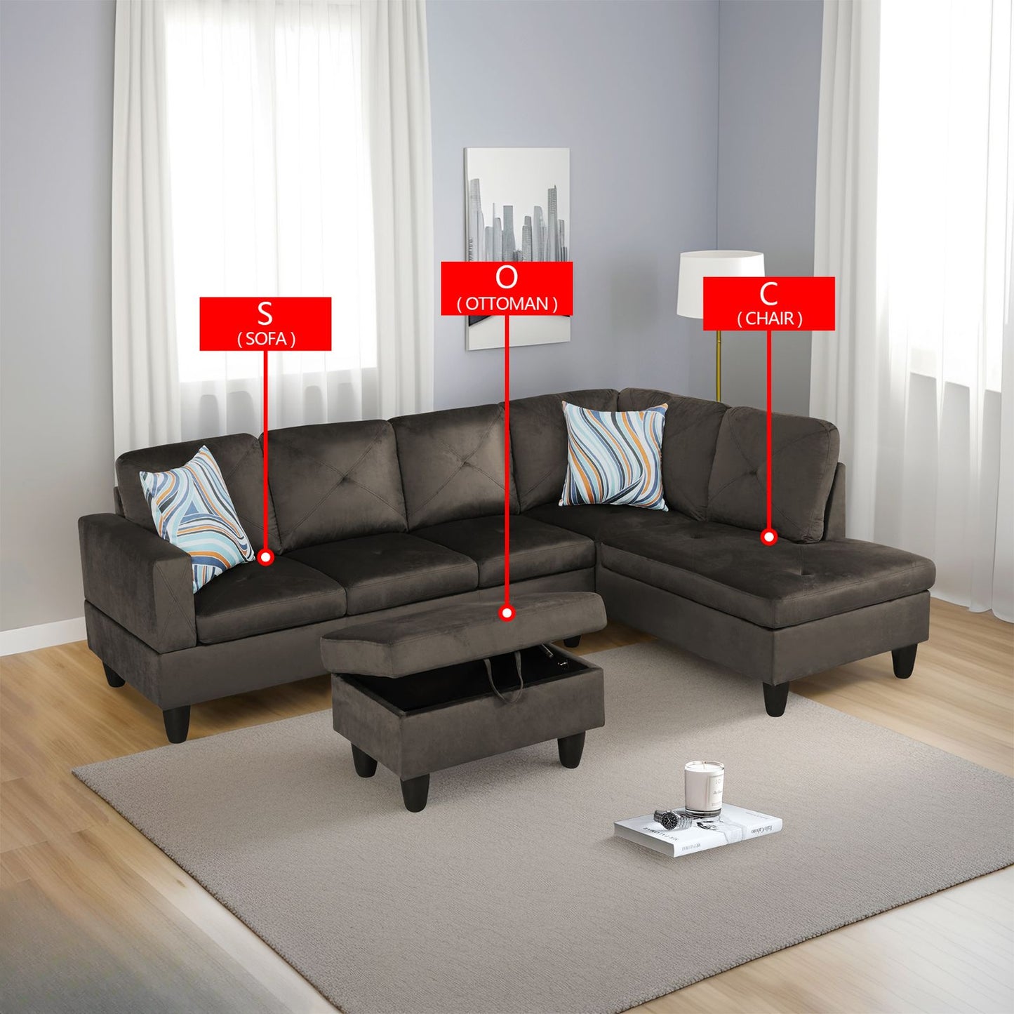 Dark grey velvet sectional sofa with tufted cushions and a matching storage ottoman