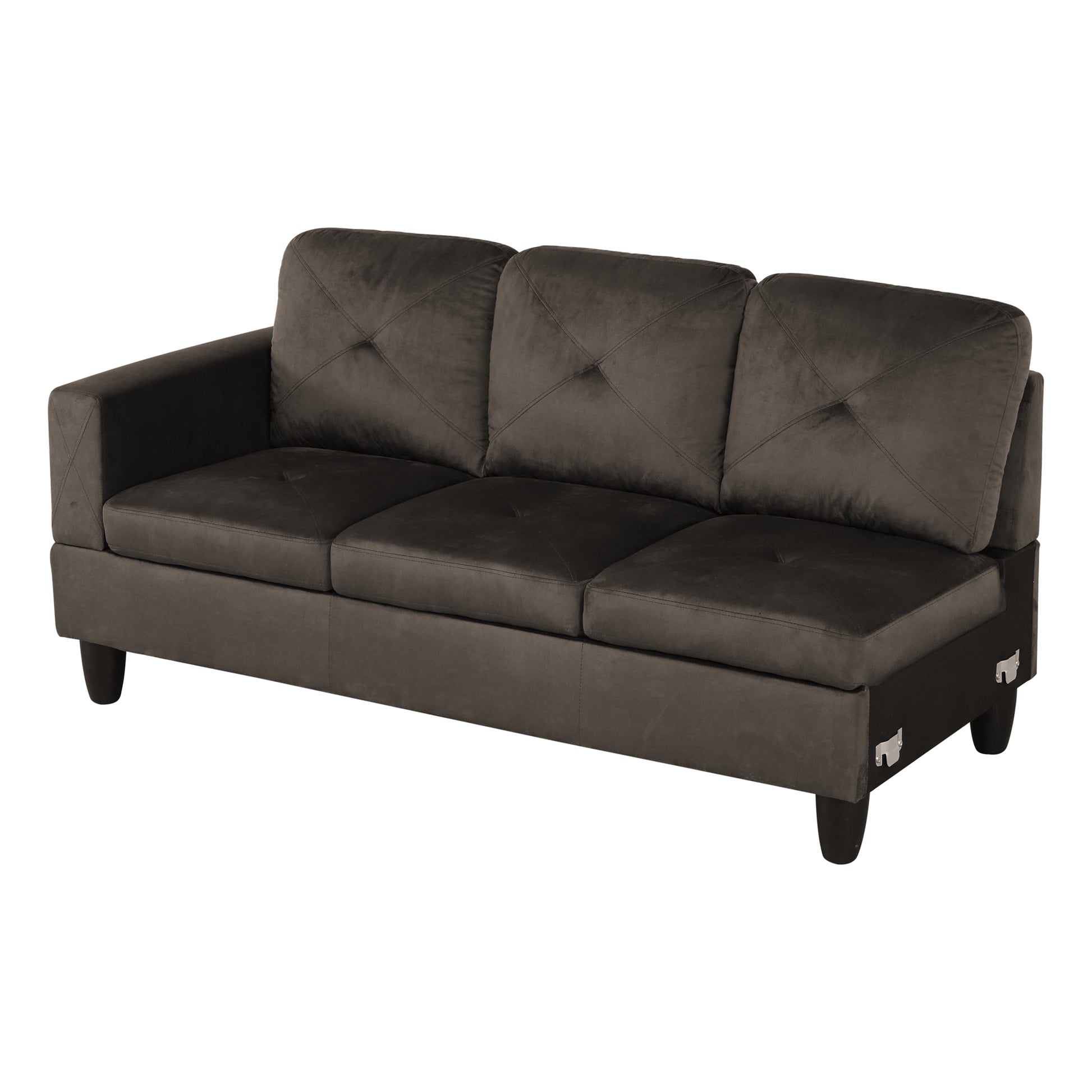 Charcoal grey velvet sofa with diamond tufting on back cushions and seats