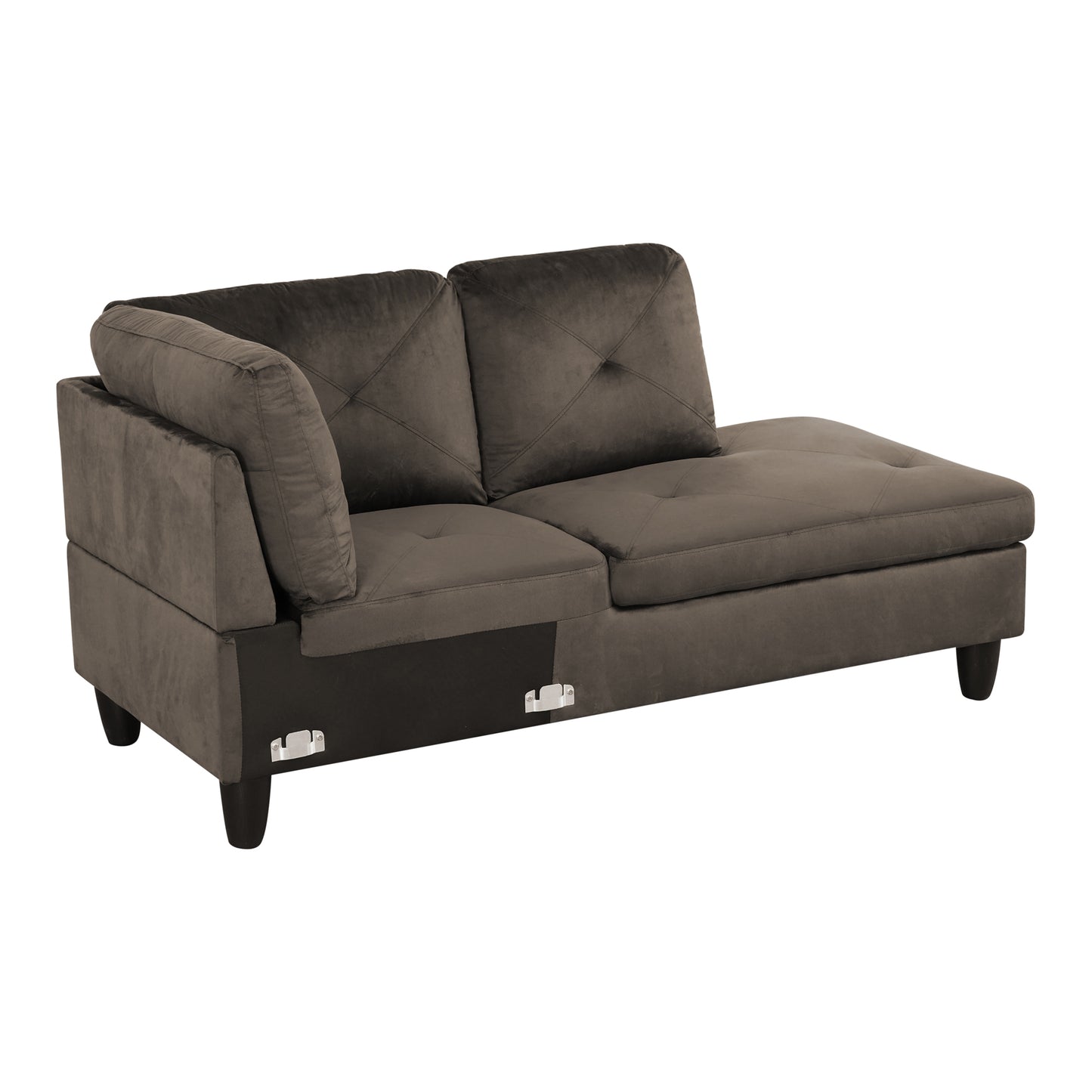 Gray velvet chaise lounge with tufted cushions and clean lines