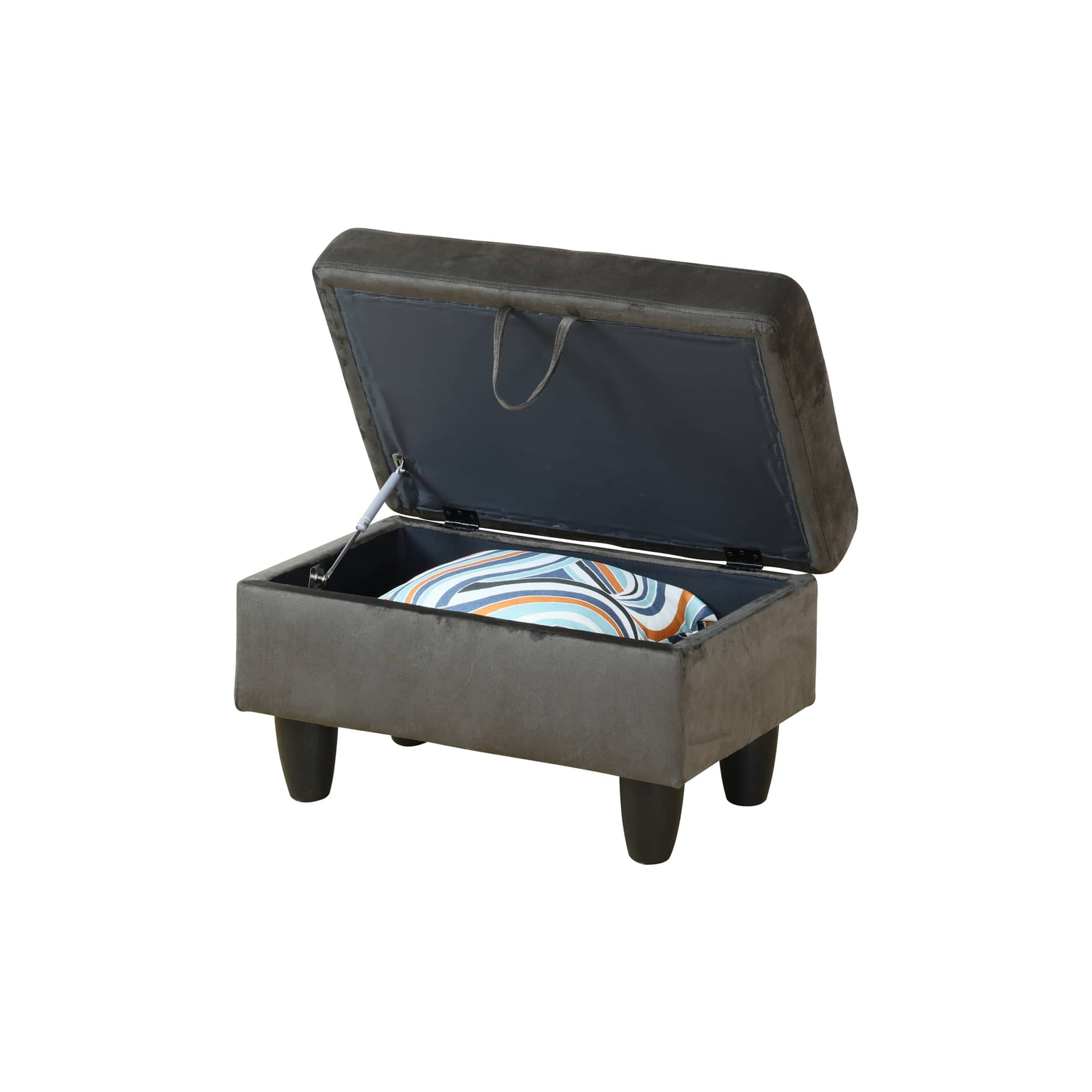Grey velvet storage ottoman with a patterned pillow inside