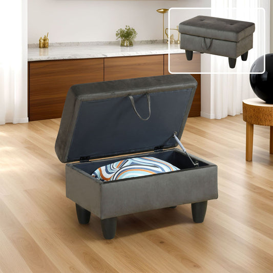 Gray velvet storage ottoman with tufted lid open