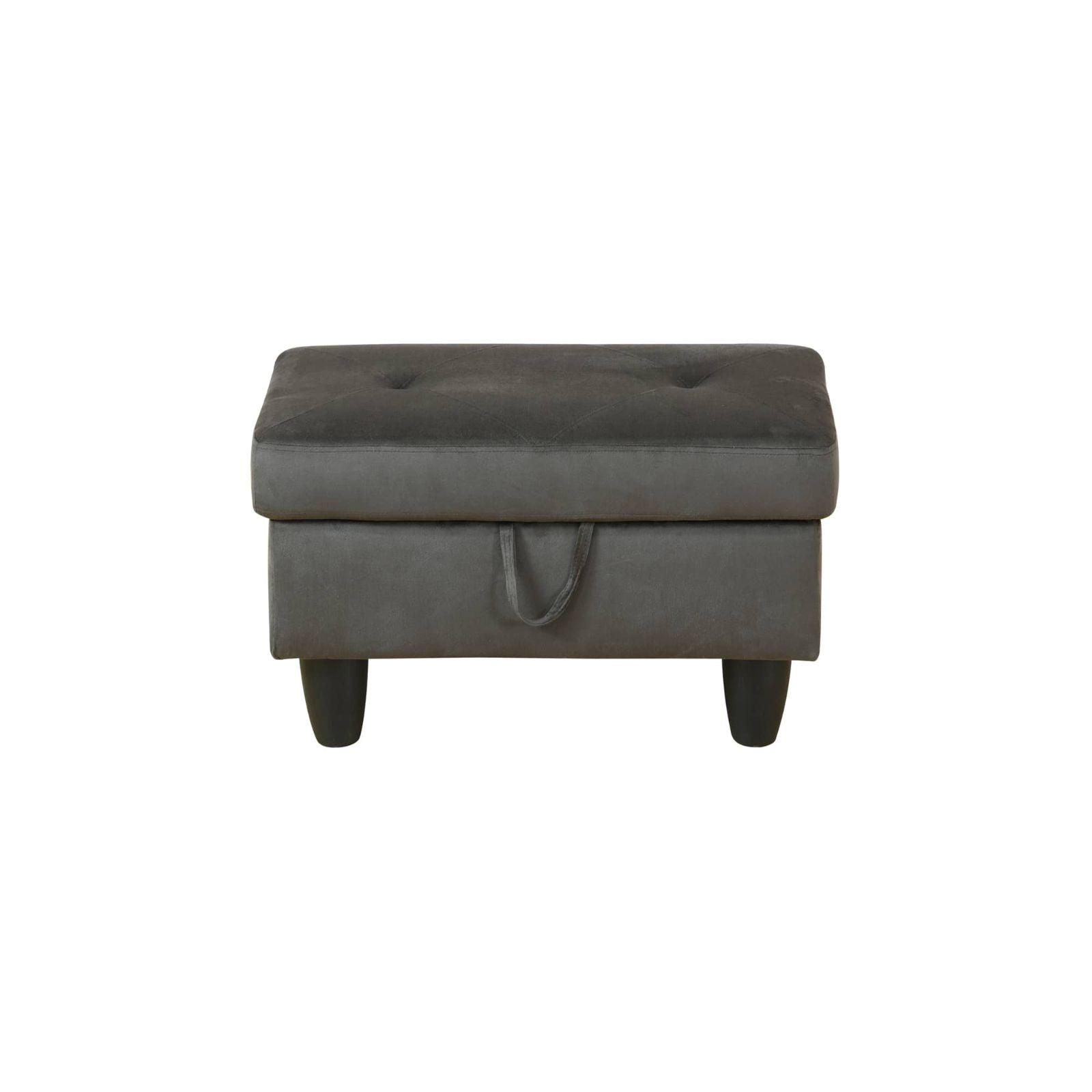 Grey velvet tufted storage ottoman with fabric pull tab