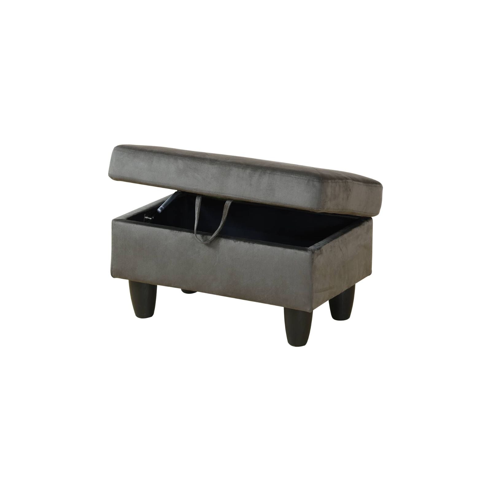 Gray velvet storage ottoman with lifttop lid and black tapered legs
