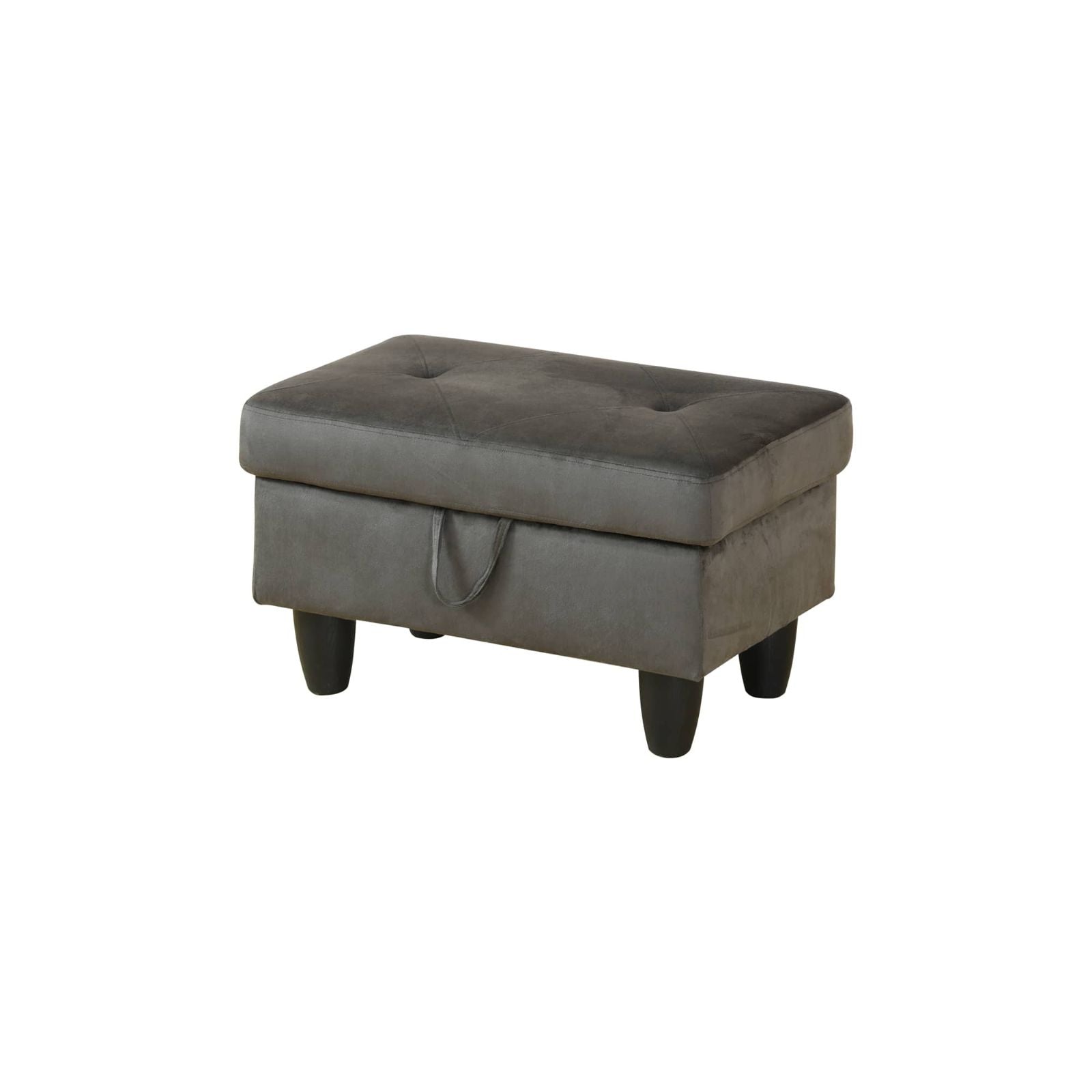 Grey velvet storage ottoman with tufted top and dark wooden legs