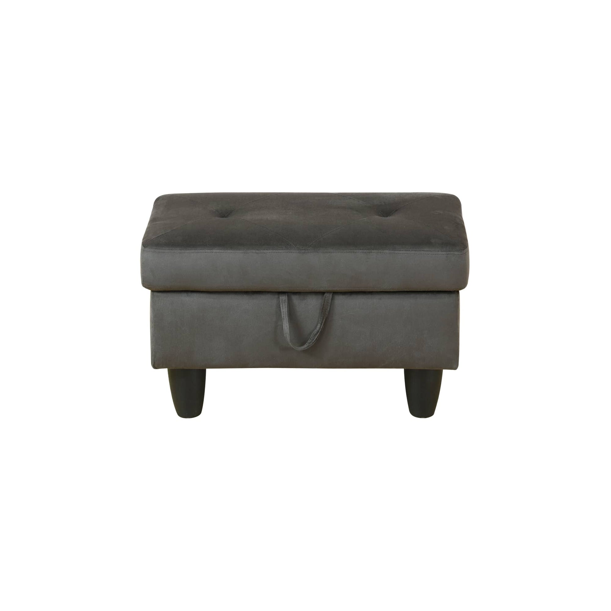 Grey velvet storage ottoman with tufted lid and convenient pull tab