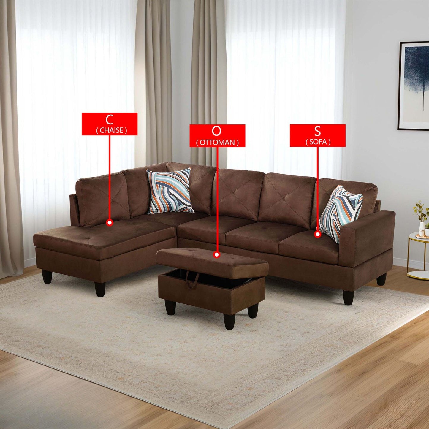 Brown sectional sofa with chaise and ottoman
