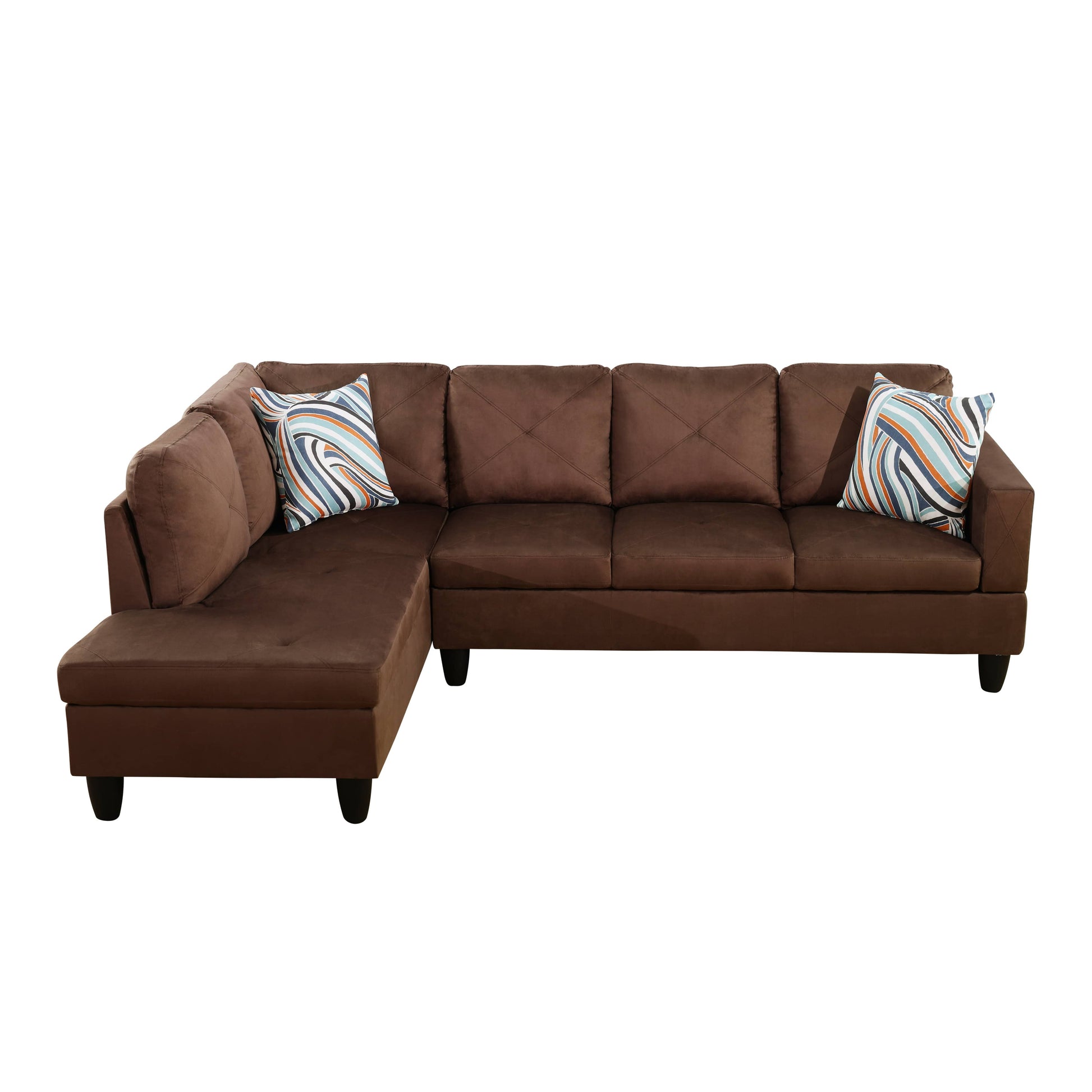 Brown suede sectional sofa with diamond stitching and abstract pattern pillows