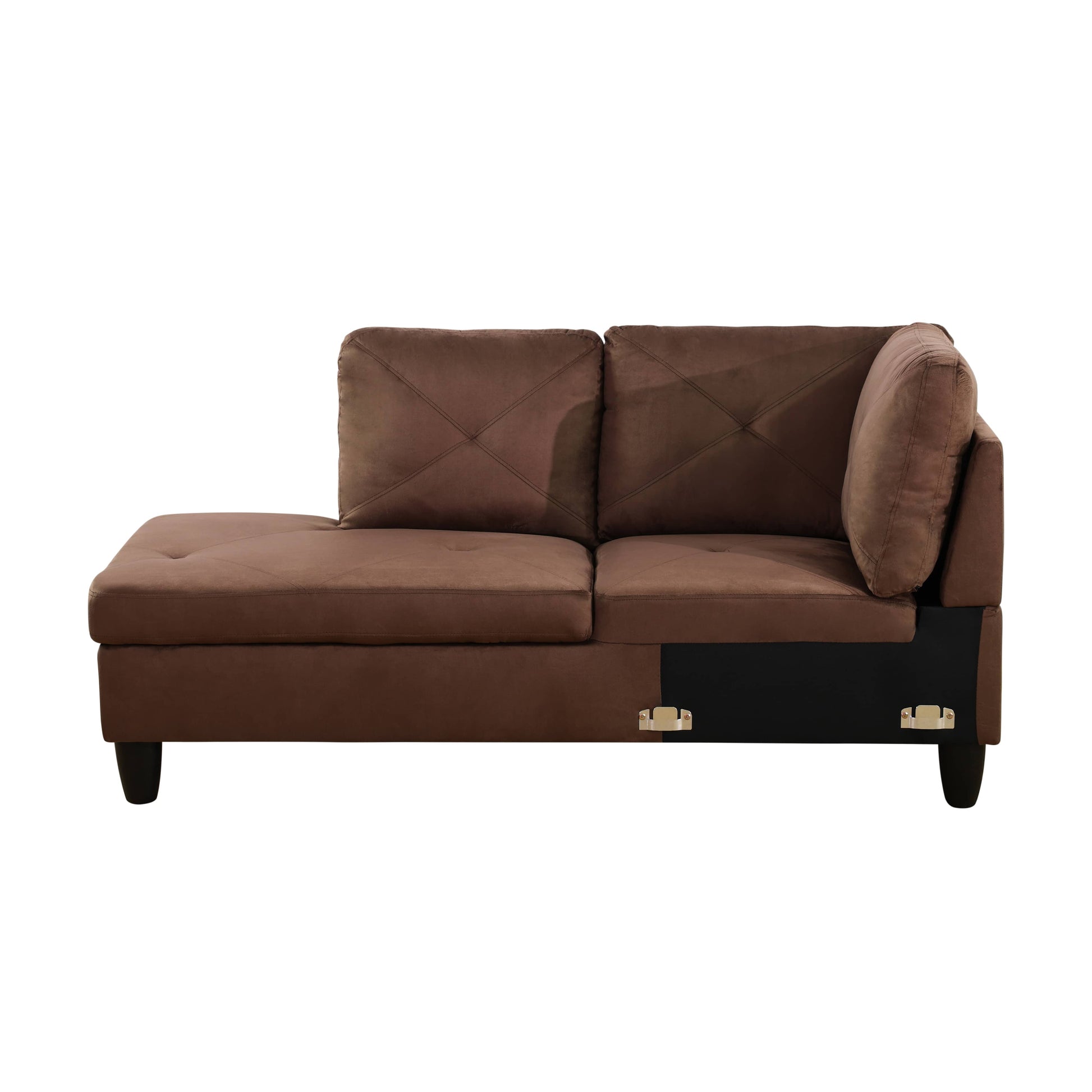 Brown microfiber chaise sofa with diamond tufting and plush back cushions