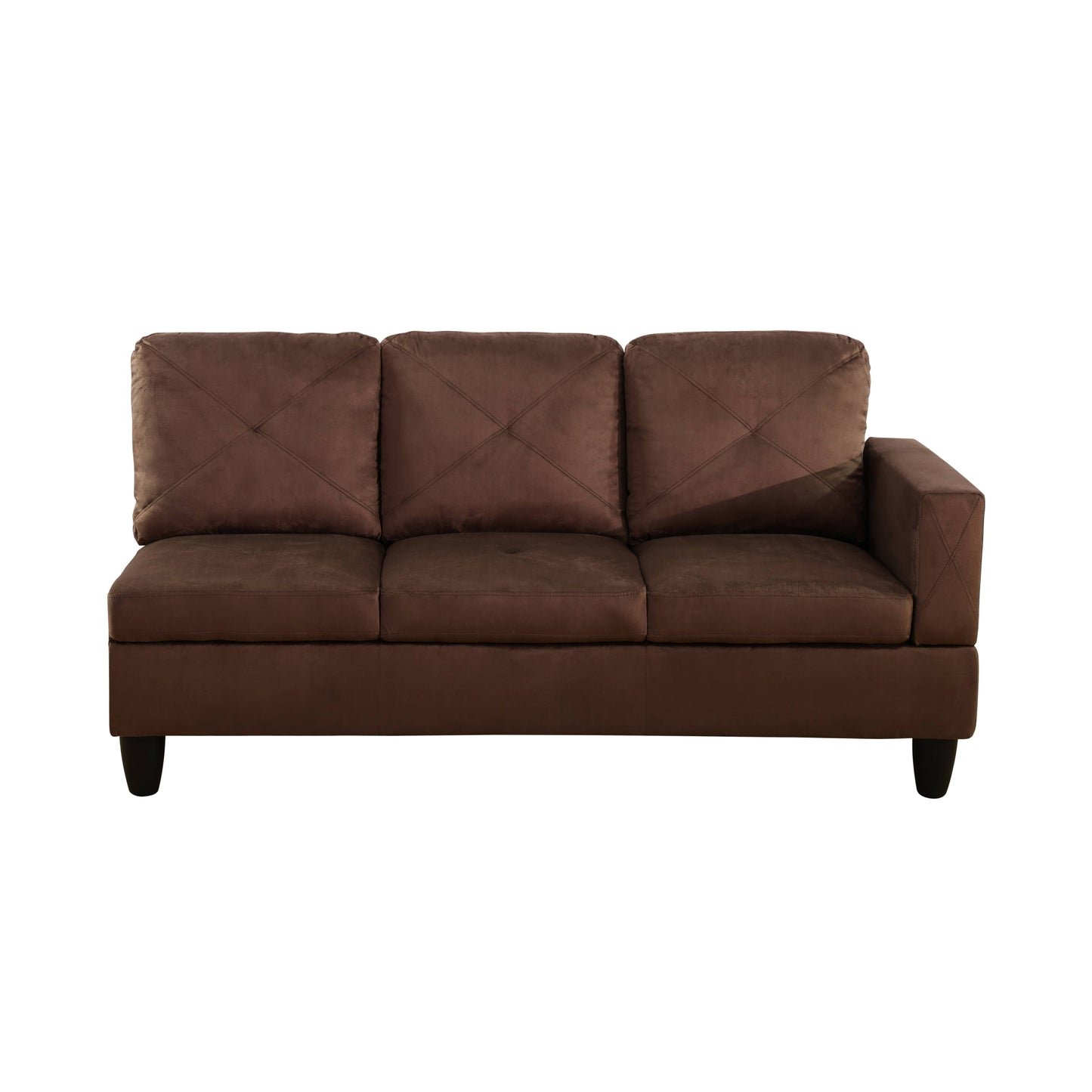 Brown microfiber sectional sofa with diamondstitched back cushions and armrest