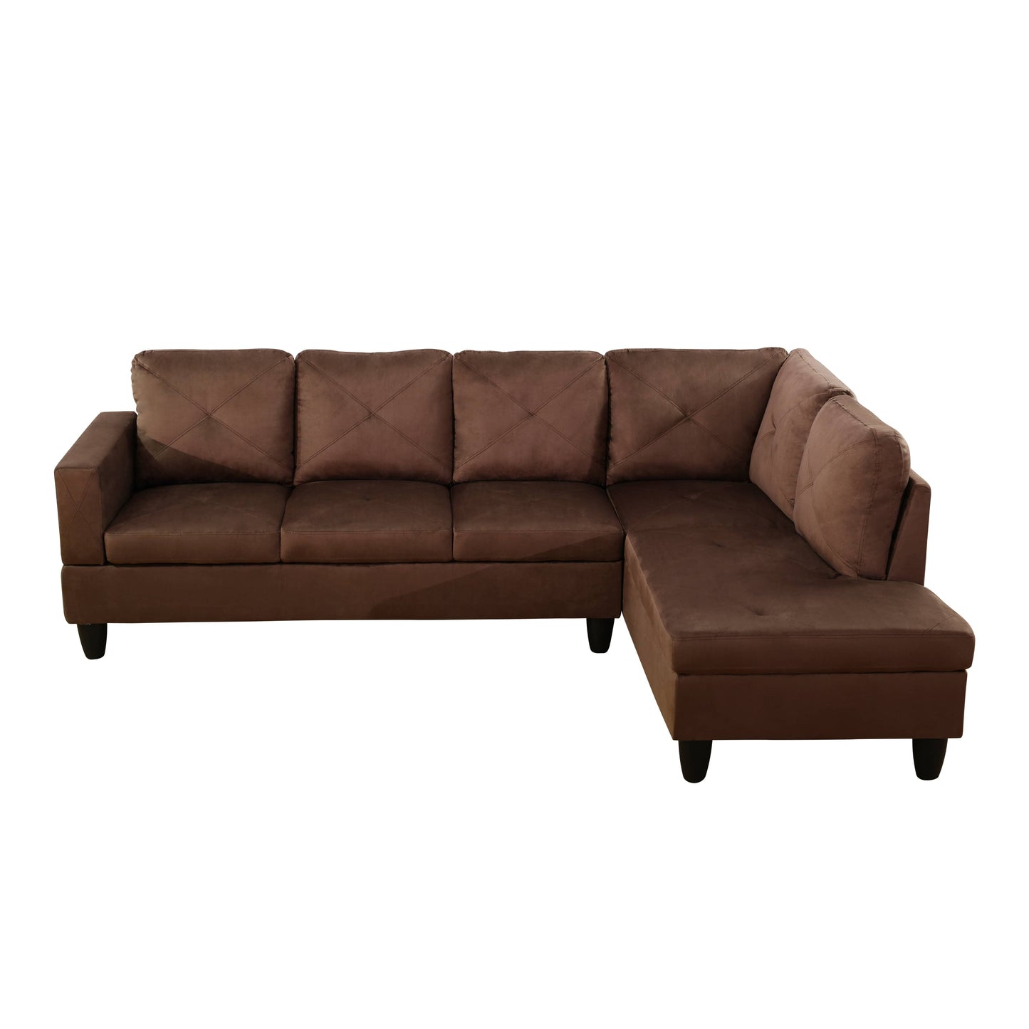 Brown suede sectional sofa with diamondstitched cushions and black tapered legs