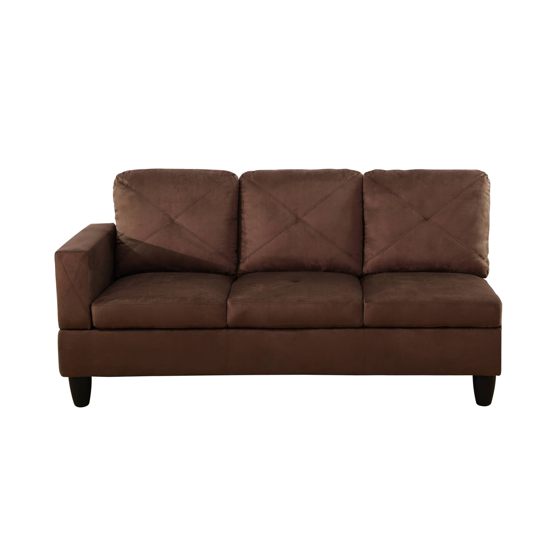 Brown microsuede sofa with diamond stitching on cushions and integrated armrest
