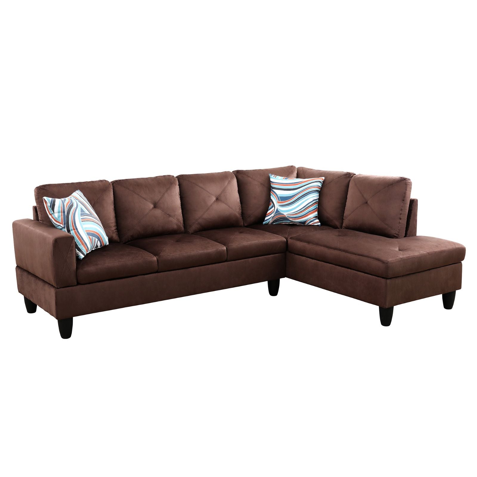 Brown microfiber sectional sofa with diamond tufted back cushions and striped accent pillows