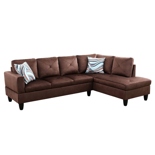 Brown microfiber sectional sofa with diamond tufted back cushions and striped accent pillows
