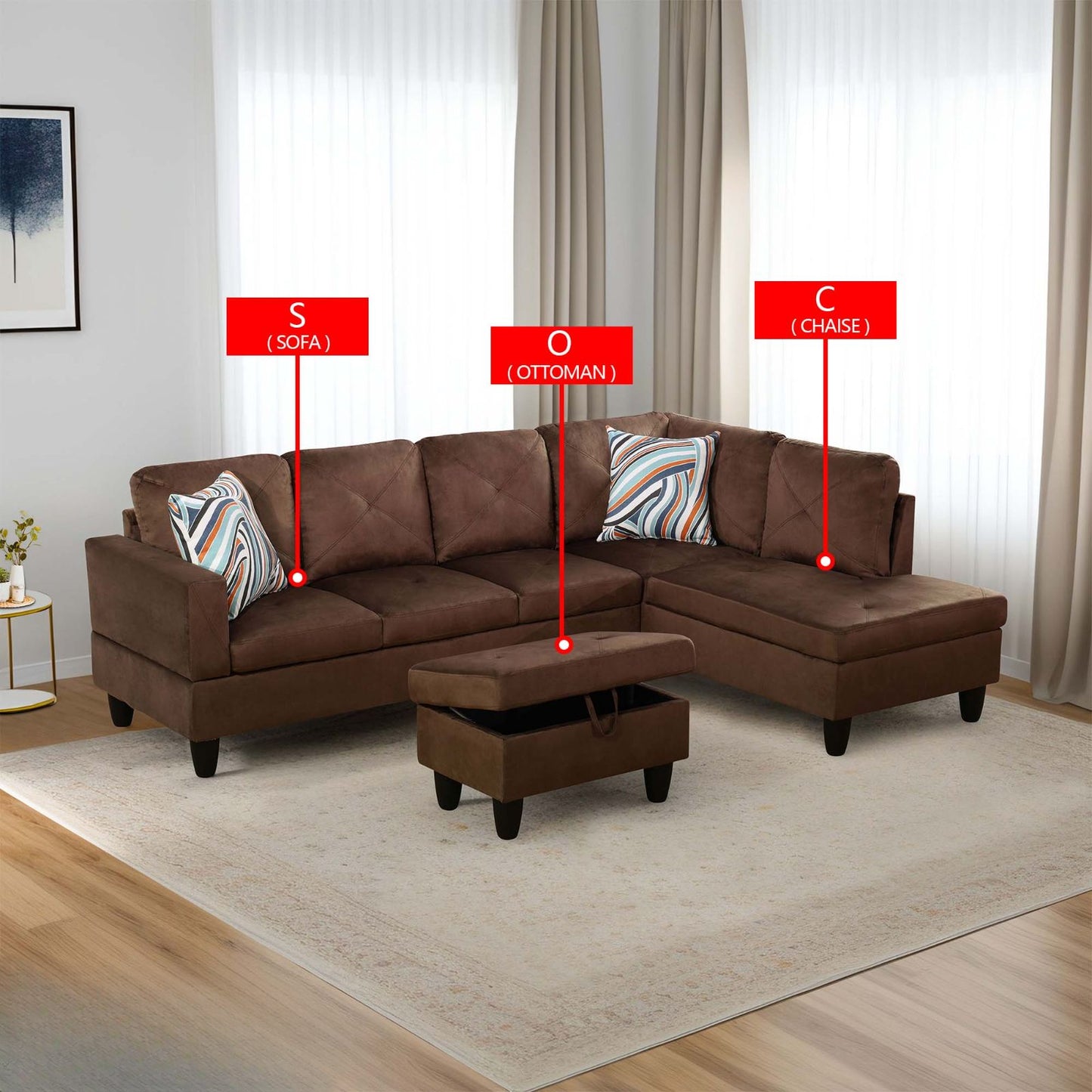 Brown suede sectional sofa with diamondtufted back cushions and a storage ottoman