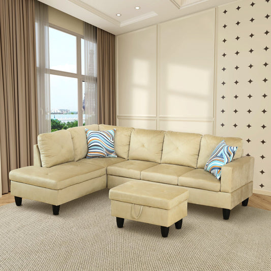 Beige velvet sectional sofa with chaise and matching ottoman