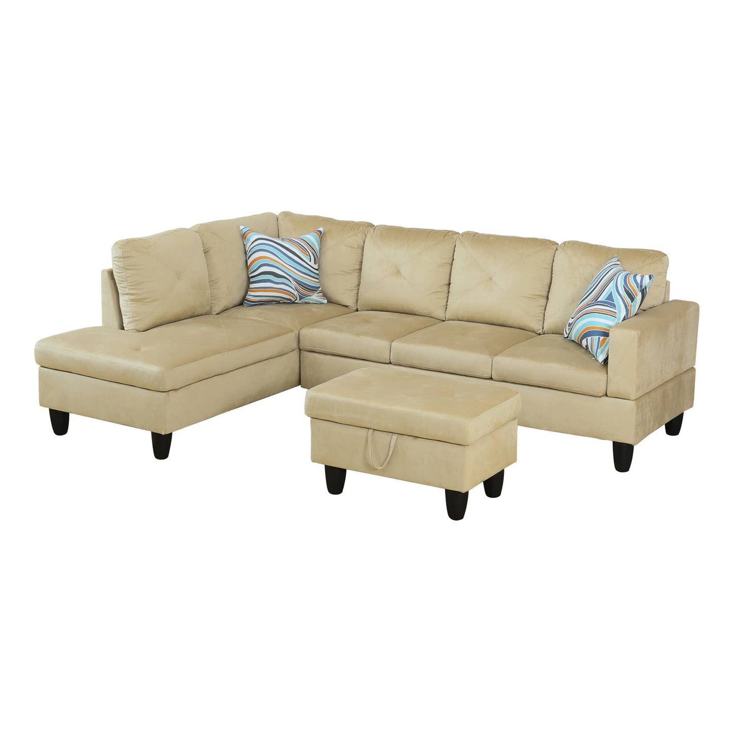 Tan suede Lshaped sectional sofa with ottoman