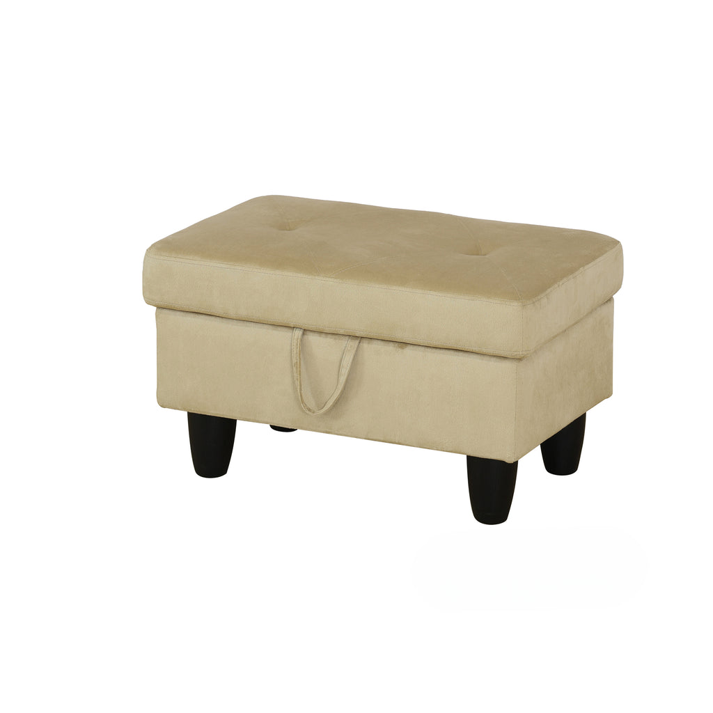 Beige velvet storage ottoman with tufted lid and hidden storage