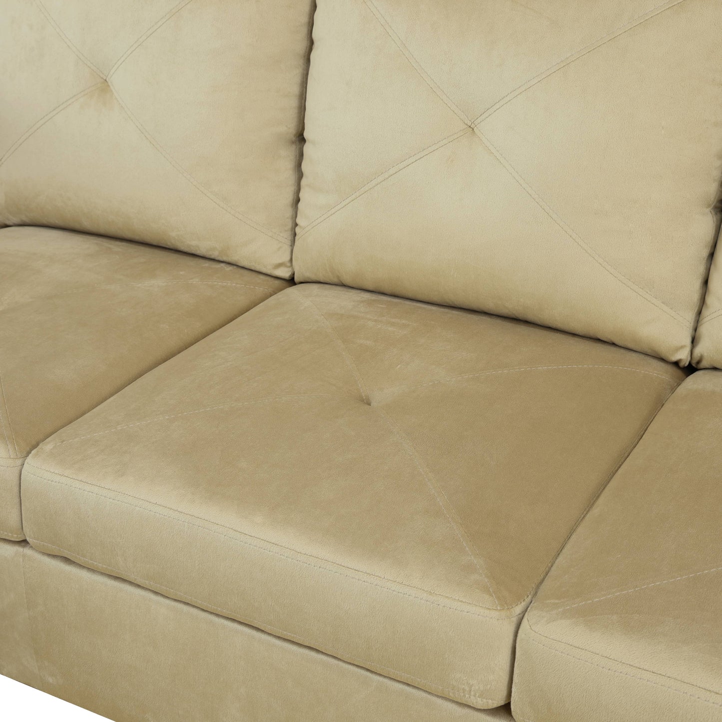 Tan plush fabric sofa with diamond tufting