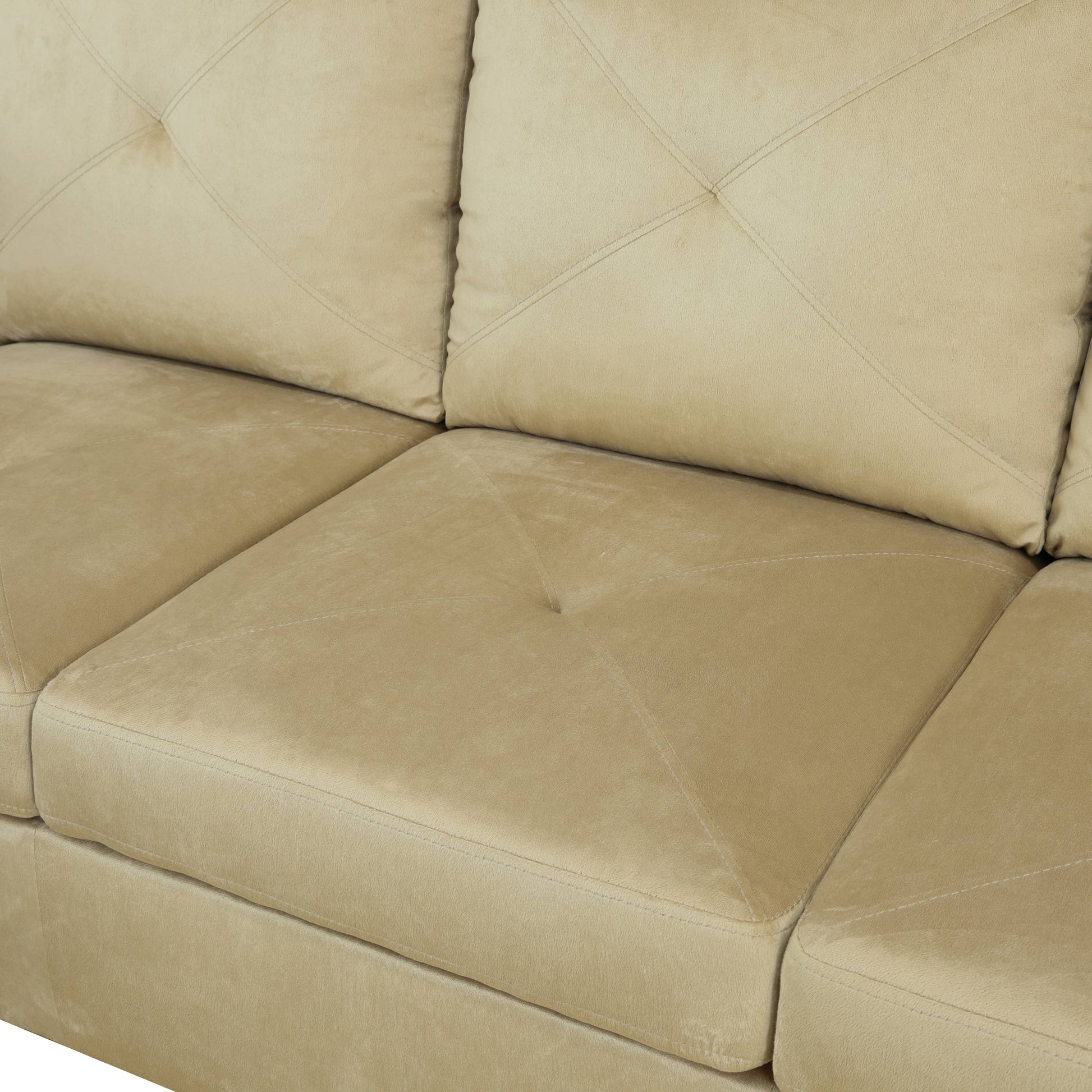 Tan plush fabric sofa with diamond tufting