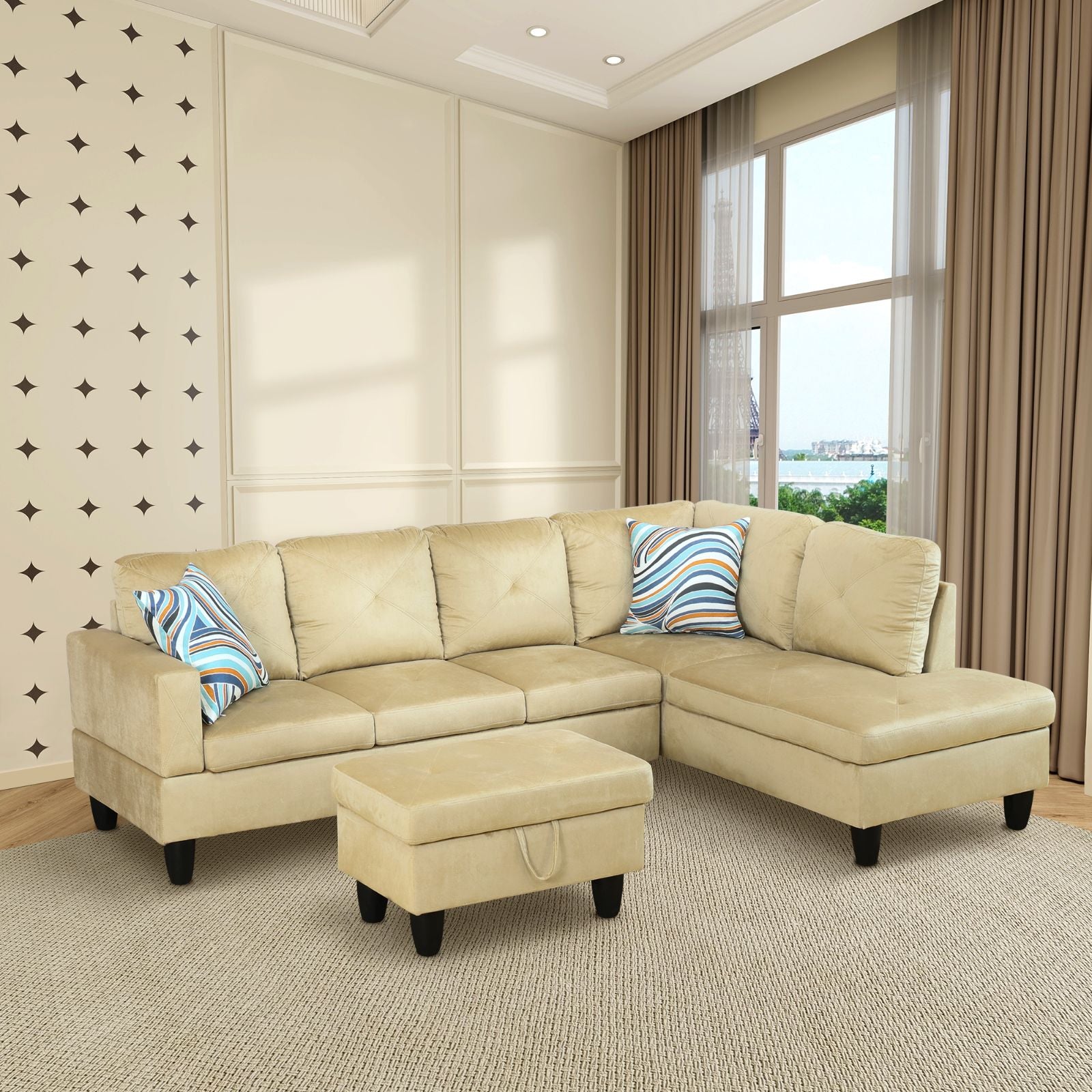 Beige velvet sectional sofa with tufted cushions and matching ottoman