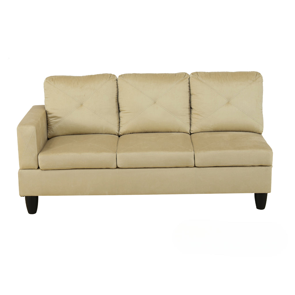 Beige velvet sofa with diamondtufted back cushions and squared armrest