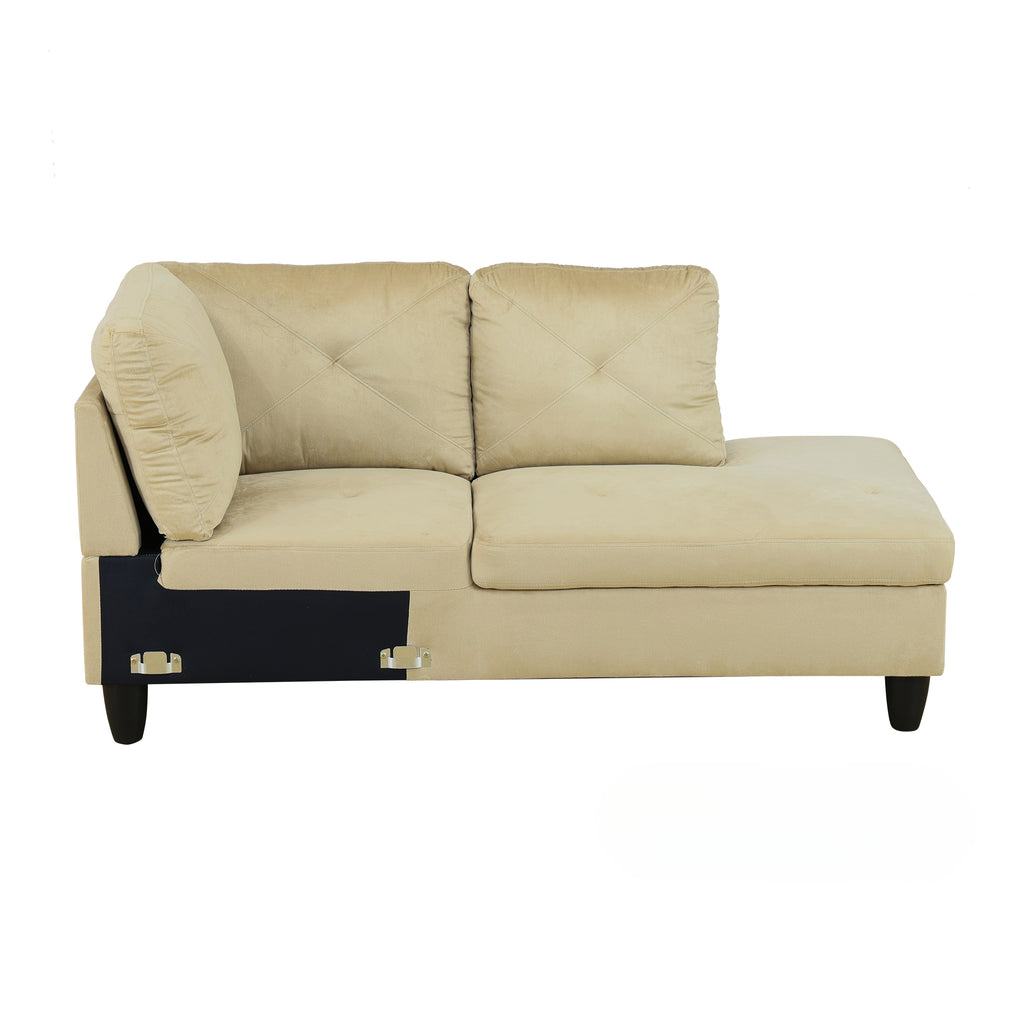 Beige velvet sectional sofa with tufted back cushions and a chaise lounge
