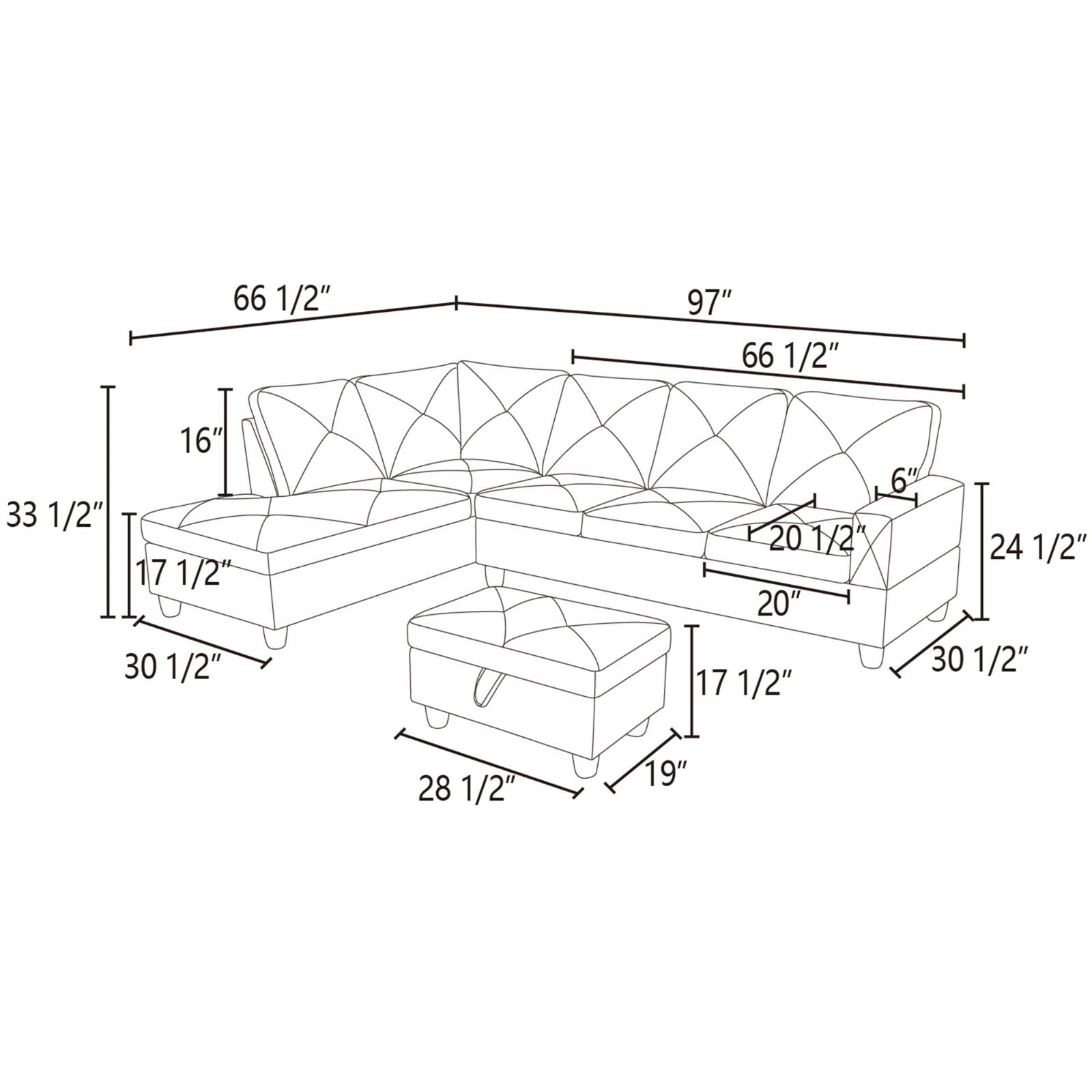 Diagram of sectional sofa with ottoman and dimensions shown
