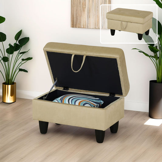 Beige velvet storage ottoman with hinged lid