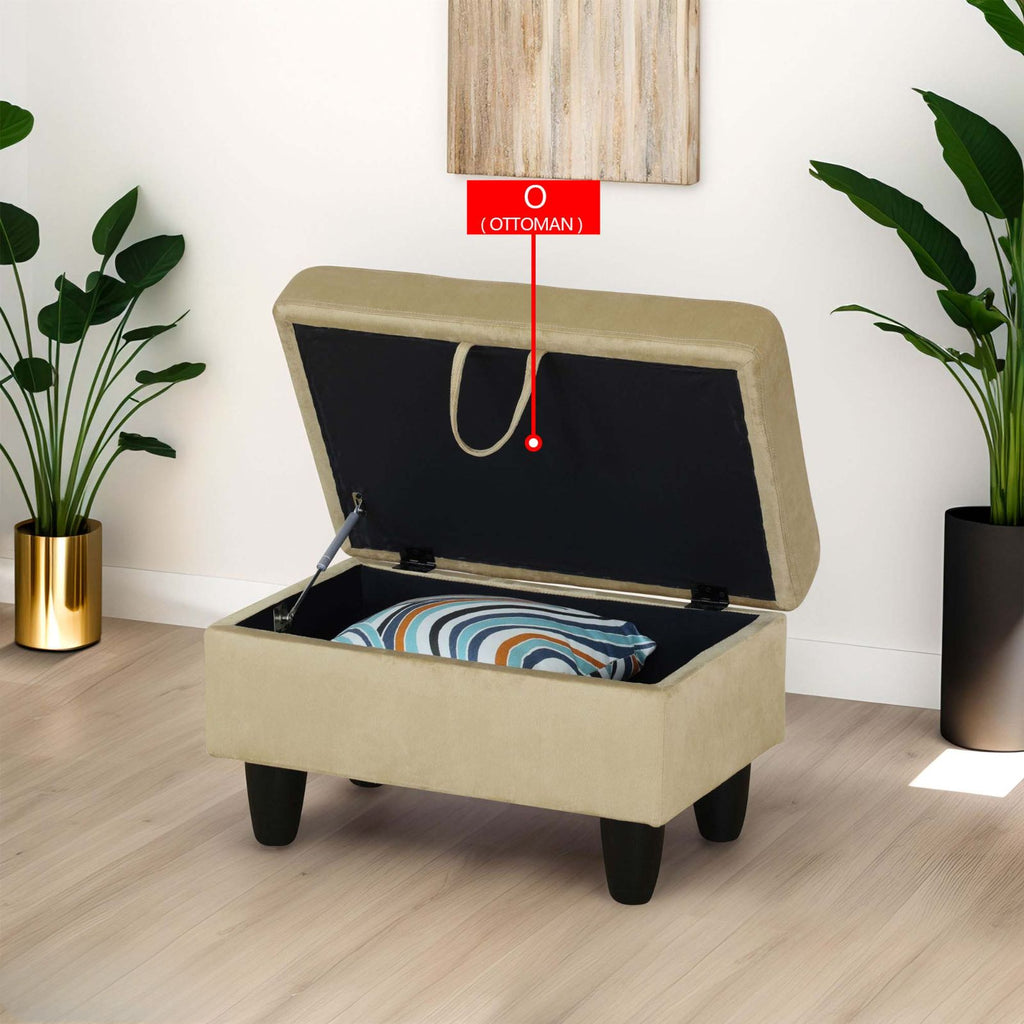 Beige velvet storage ottoman with lifting lid and interior cushion