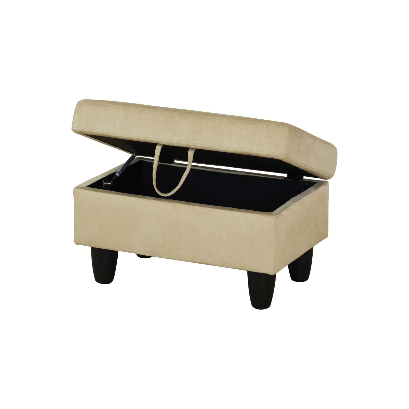 Beige fabric storage ottoman with hinged lid open