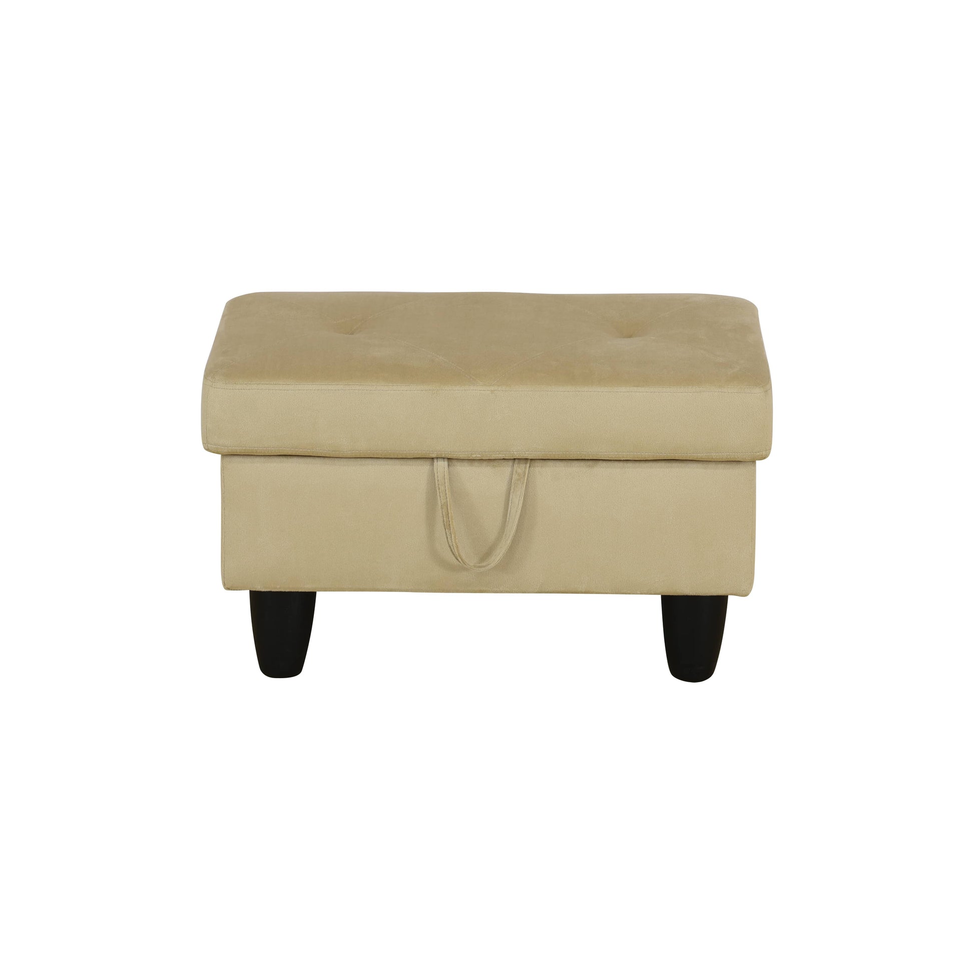 Beige velvet storage ottoman with tufted top and black legs