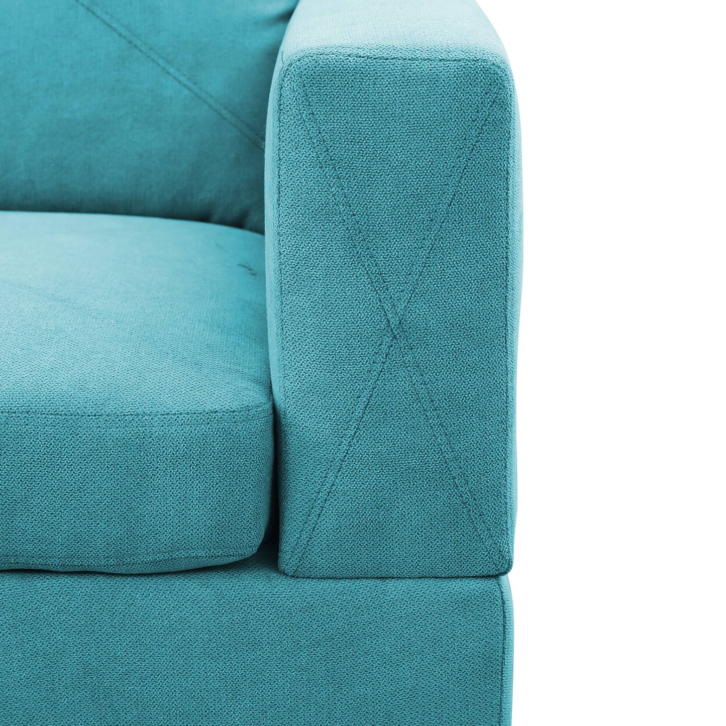 Teal fabric sofa armrest with detailed stitching