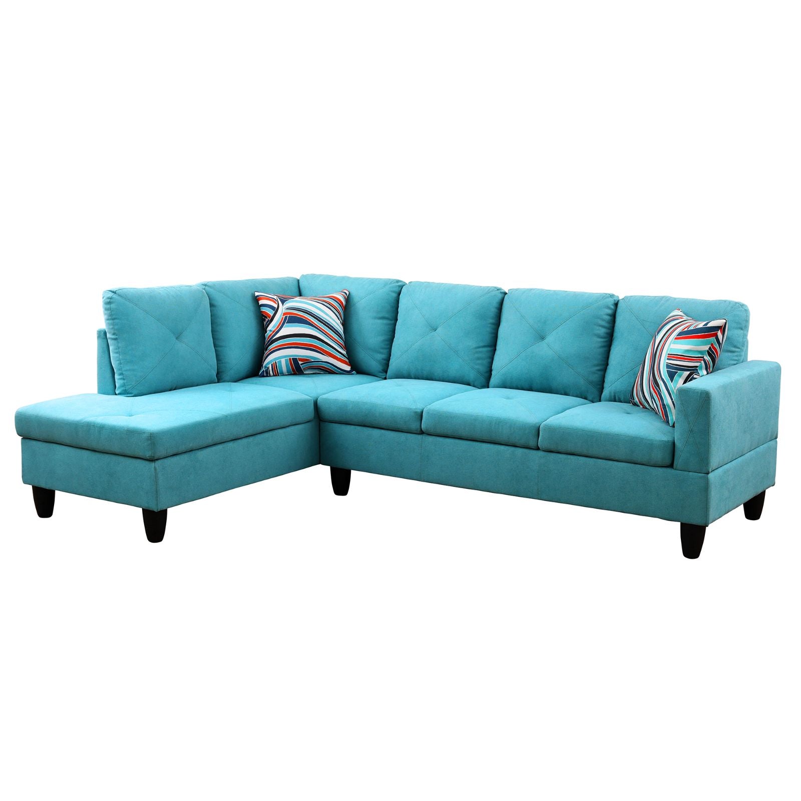 Teal fabric sectional sofa with contemporary diamondtufted cushions and striped accent pillows