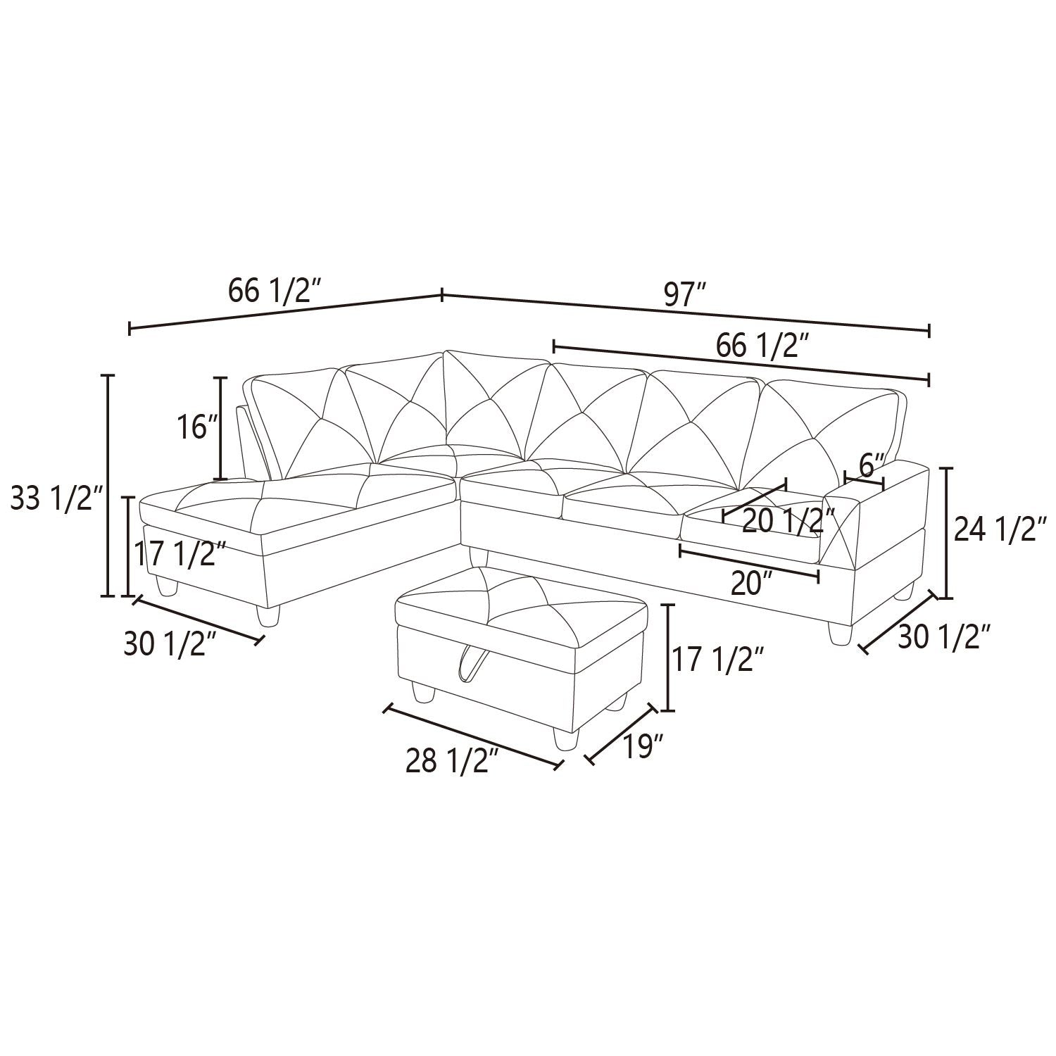 Diagram of Lshaped sectional sofa with ottoman and dimensions