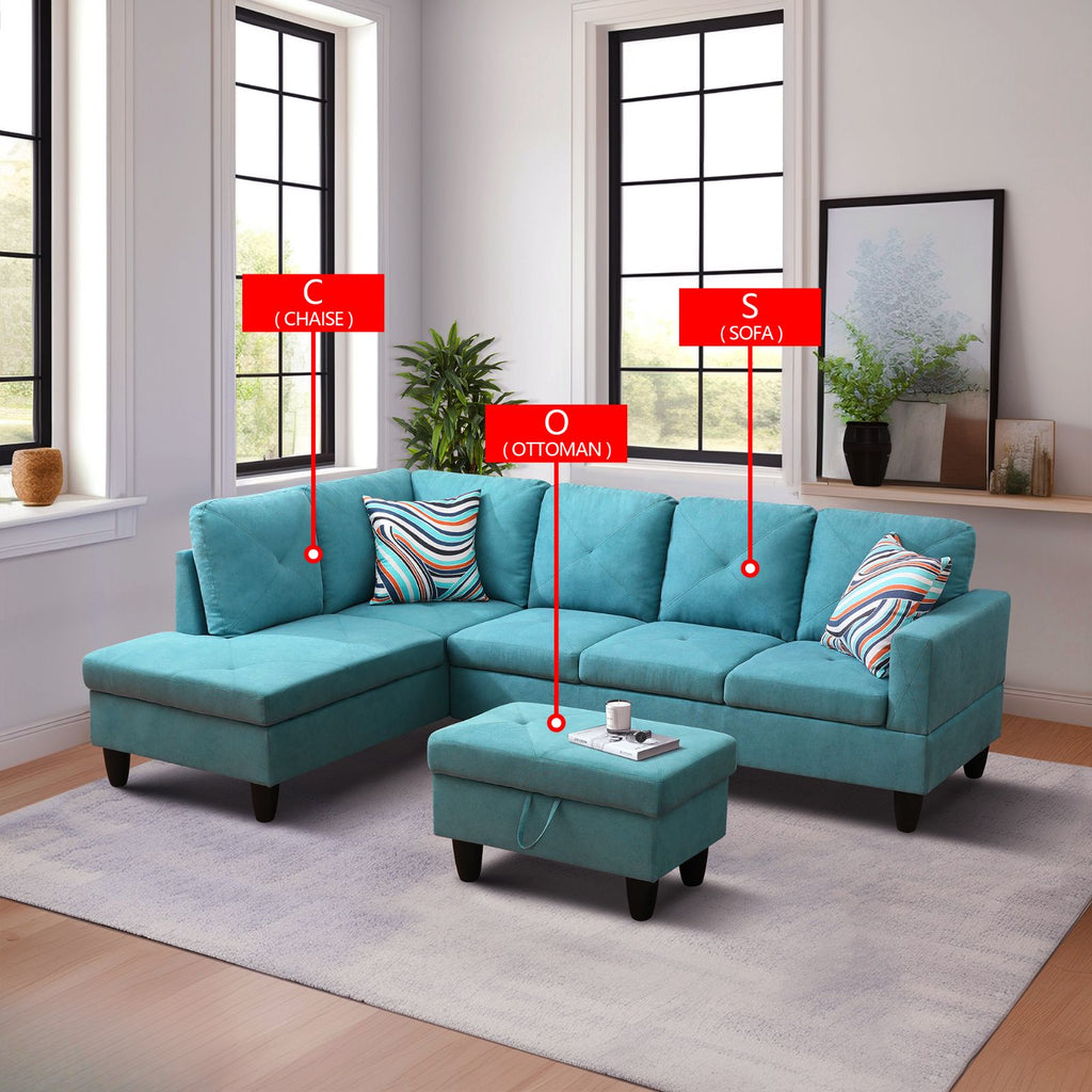 Turquoise upholstered sectional sofa with chaise and matching storage ottoman
