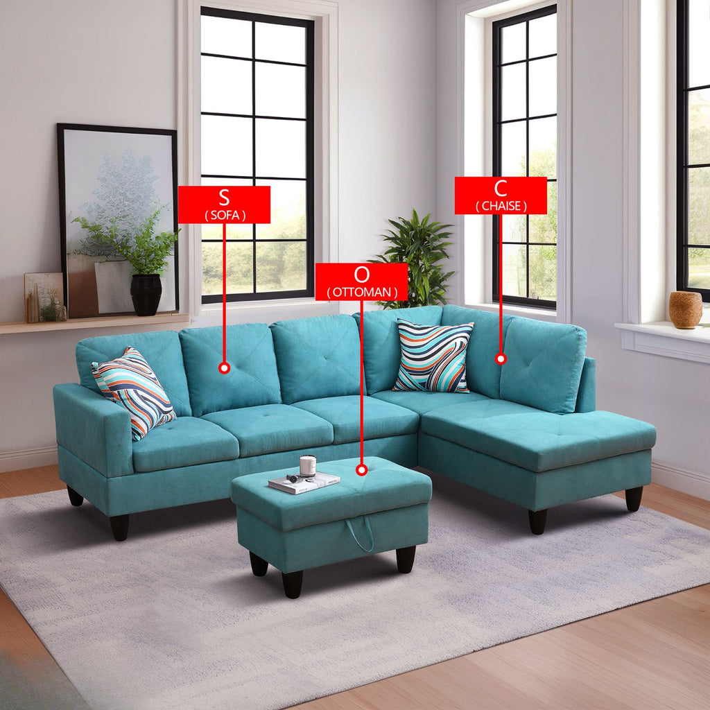Teal upholstered sectional sofa with matching storage ottoman