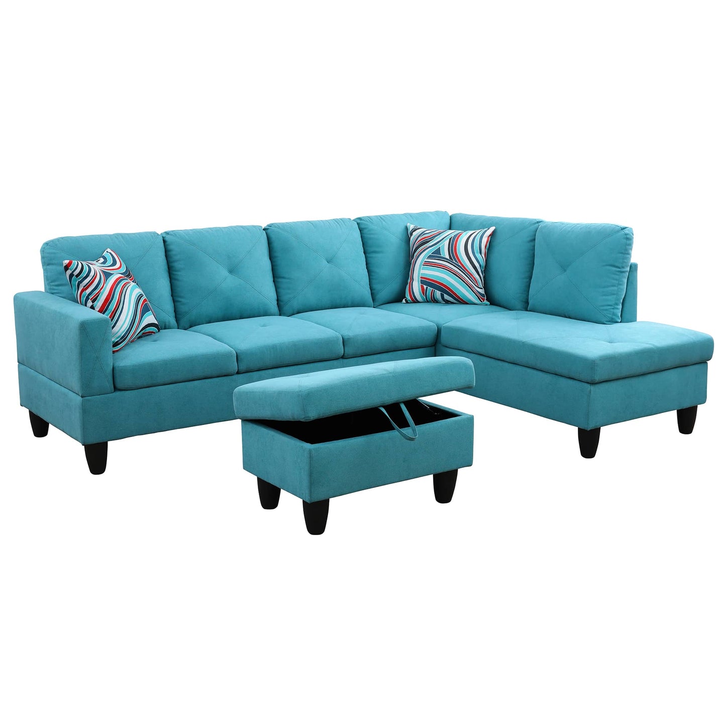Teal fabric sectional sofa with storage ottoman and striped accent pillows