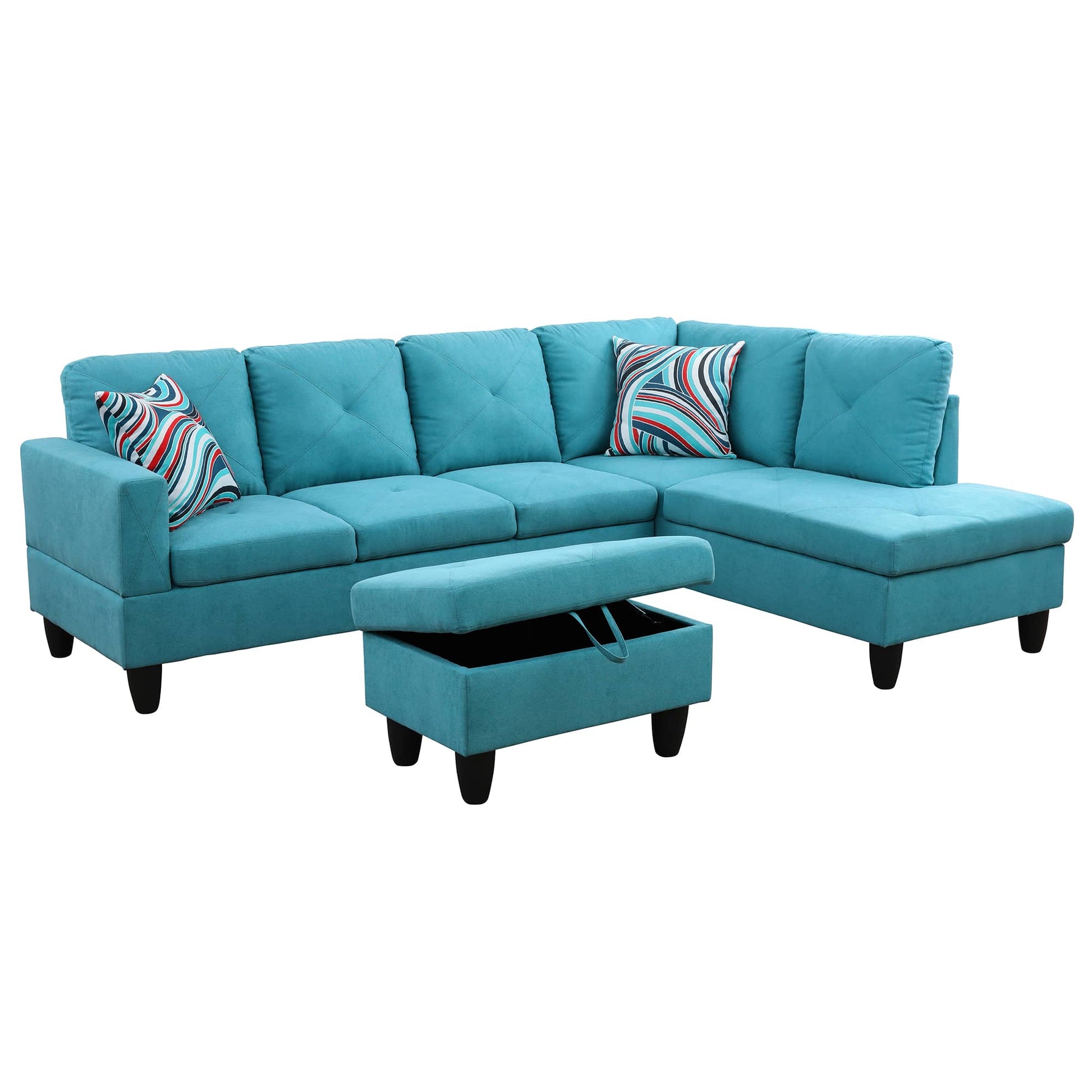 Teal fabric sectional sofa with storage ottoman and striped accent pillows