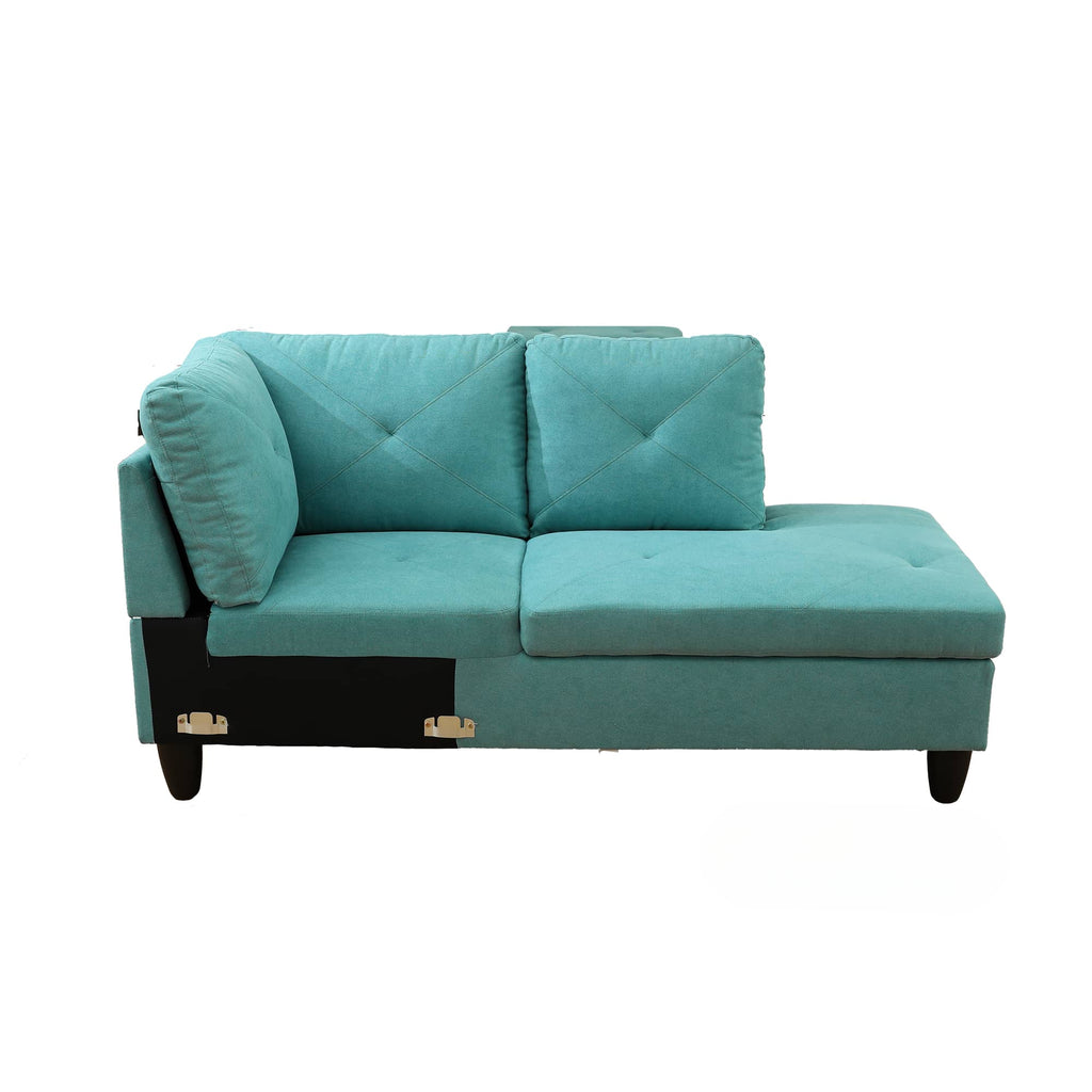Teal fabric sectional sofa with tufted cushions and square armrest