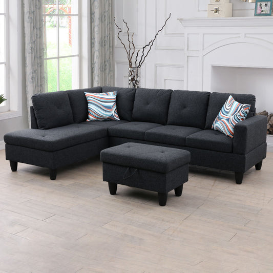 Dark gray fabric sectional sofa with chaise and storage ottoman