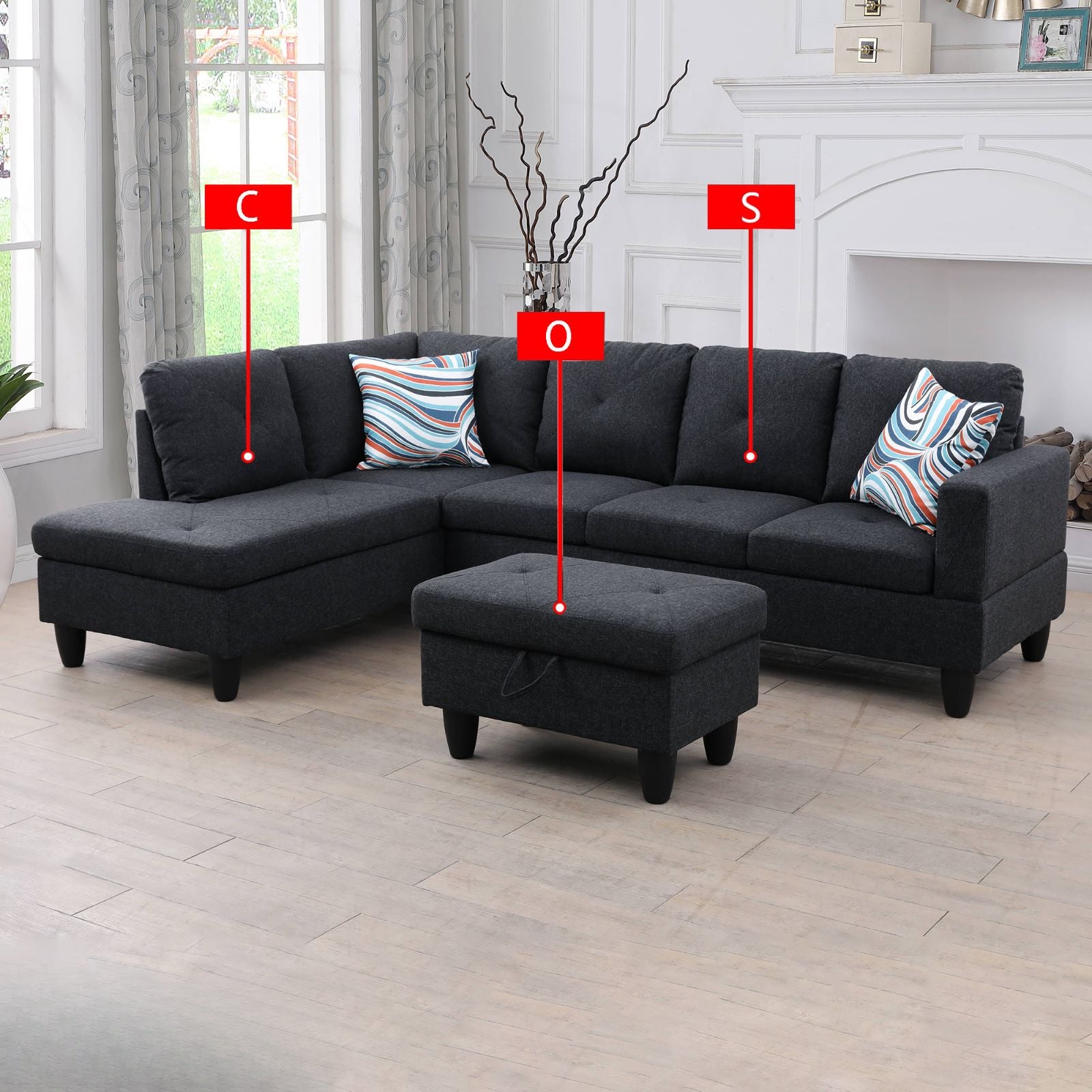 Dark gray fabric sectional sofa with chaise lounge and tufted ottoman for living room