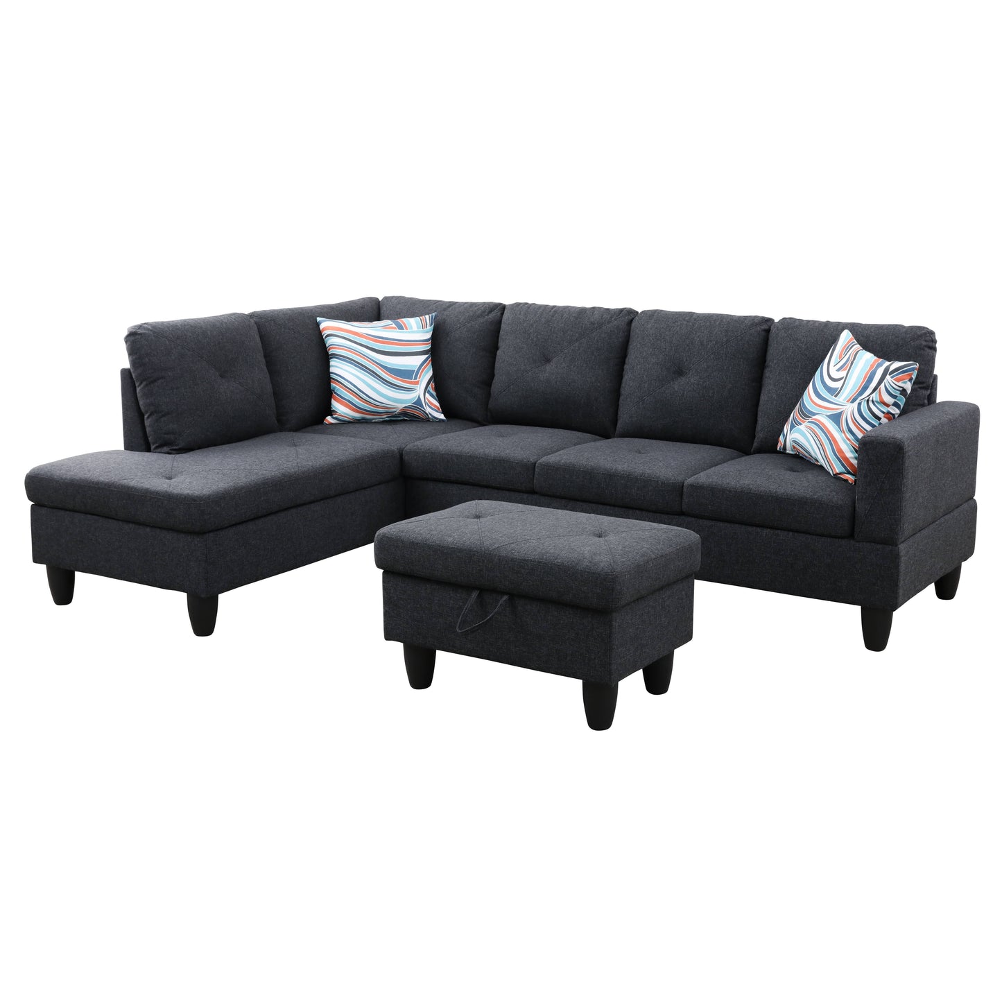 Dark gray fabric sectional sofa with chaise and storage ottoman