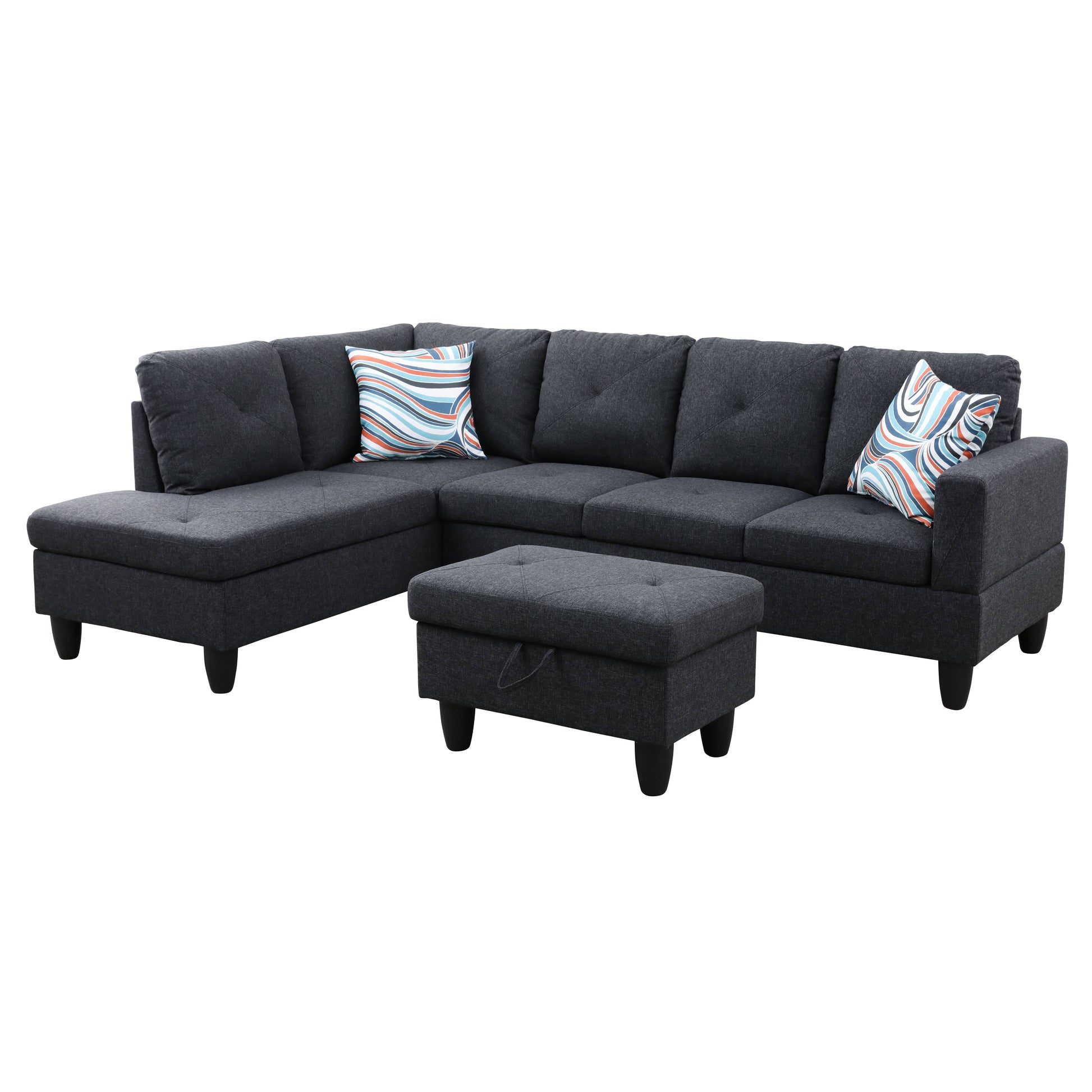Dark gray fabric sectional sofa with chaise and storage ottoman