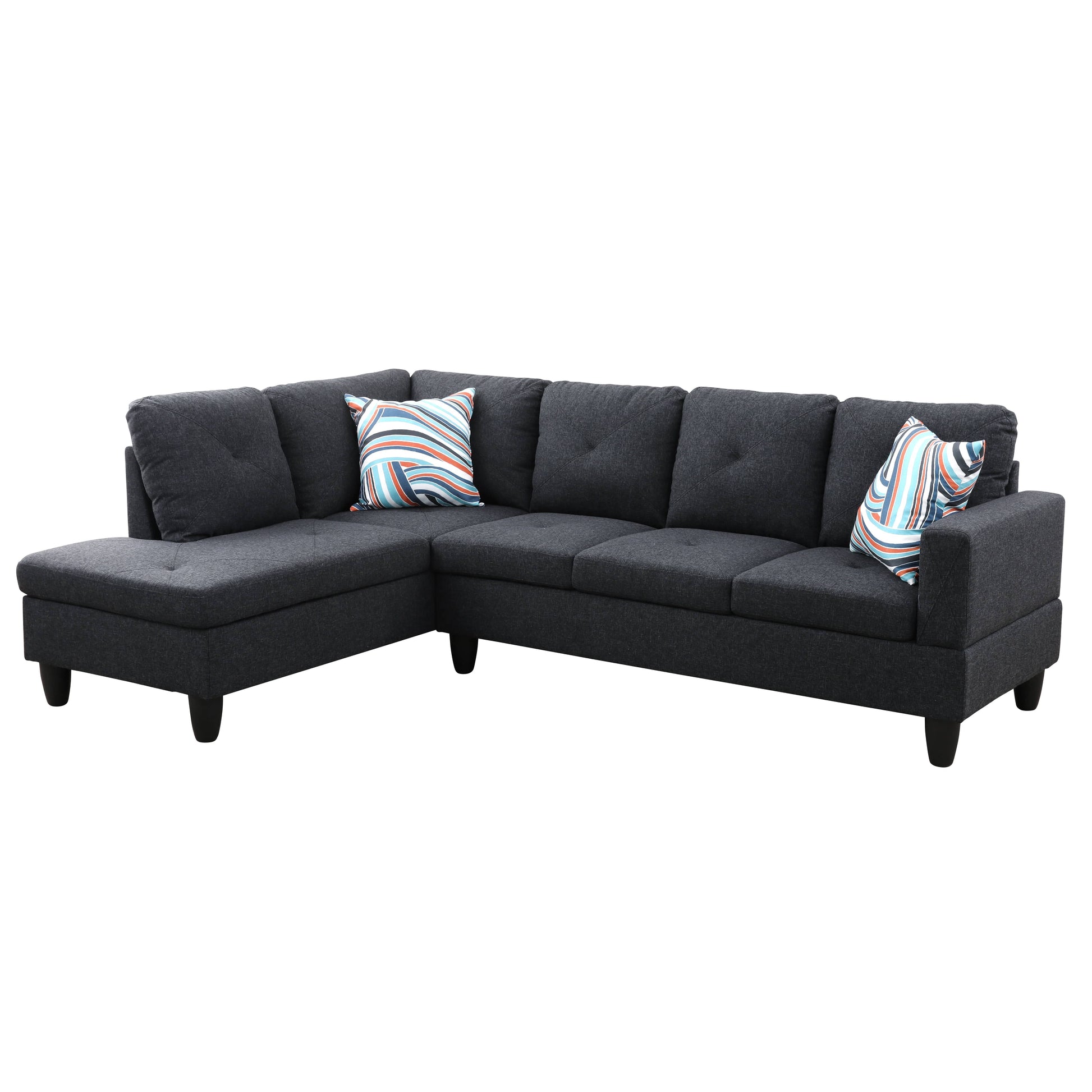 Dark gray fabric sectional sofa with tufted seats and colorful accent pillows