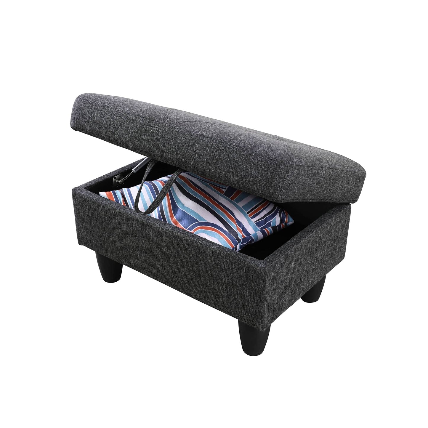 Dark grey fabric storage ottoman with lifttop revealing striped pillow