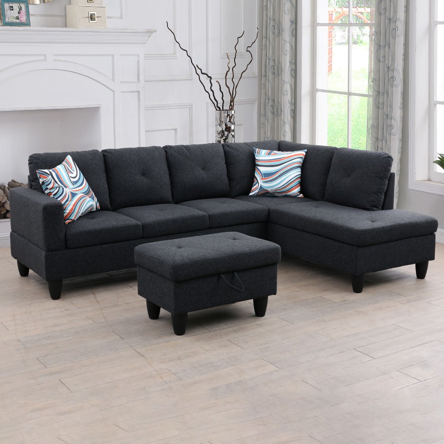 Dark grey fabric sectional sofa with chaise and storage ottoman